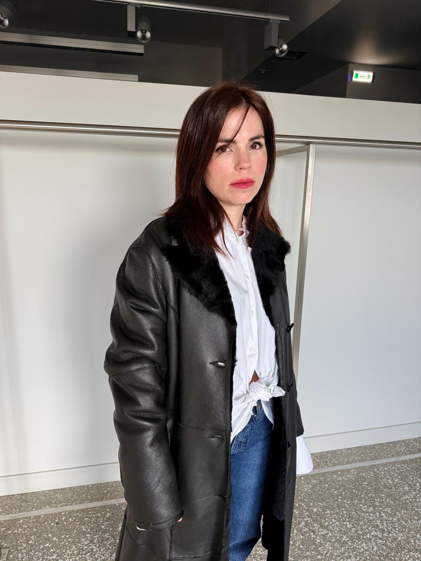 Handmade Black Shearling Fur Jacket:Long super warm Sheepskin Coat
