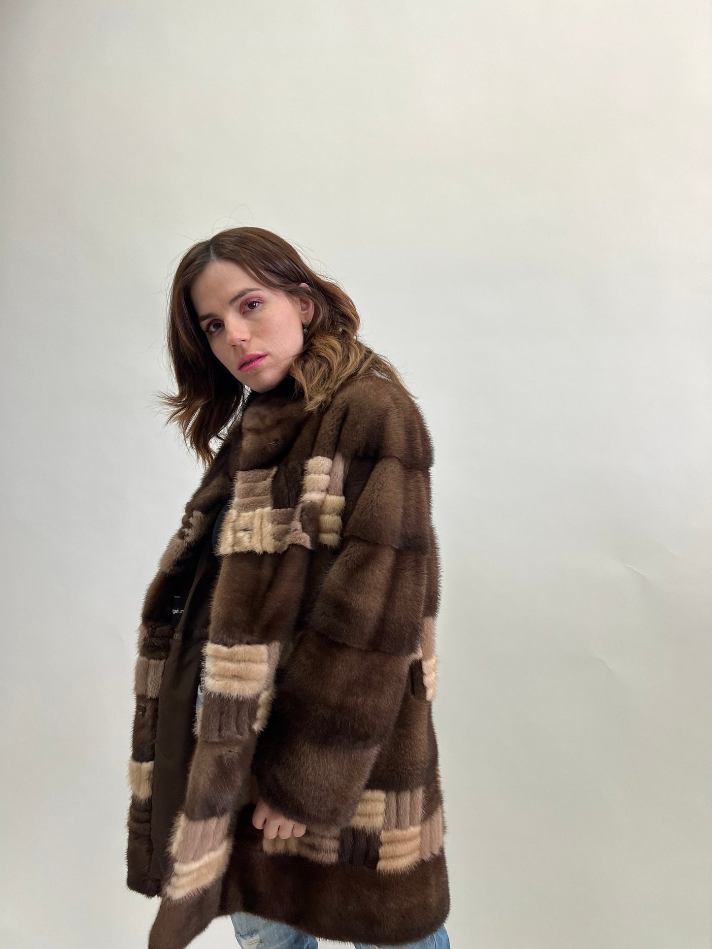 Intarsia Brown Mink Fur Coat - Saga Lightweight Zip-Up - Size Large