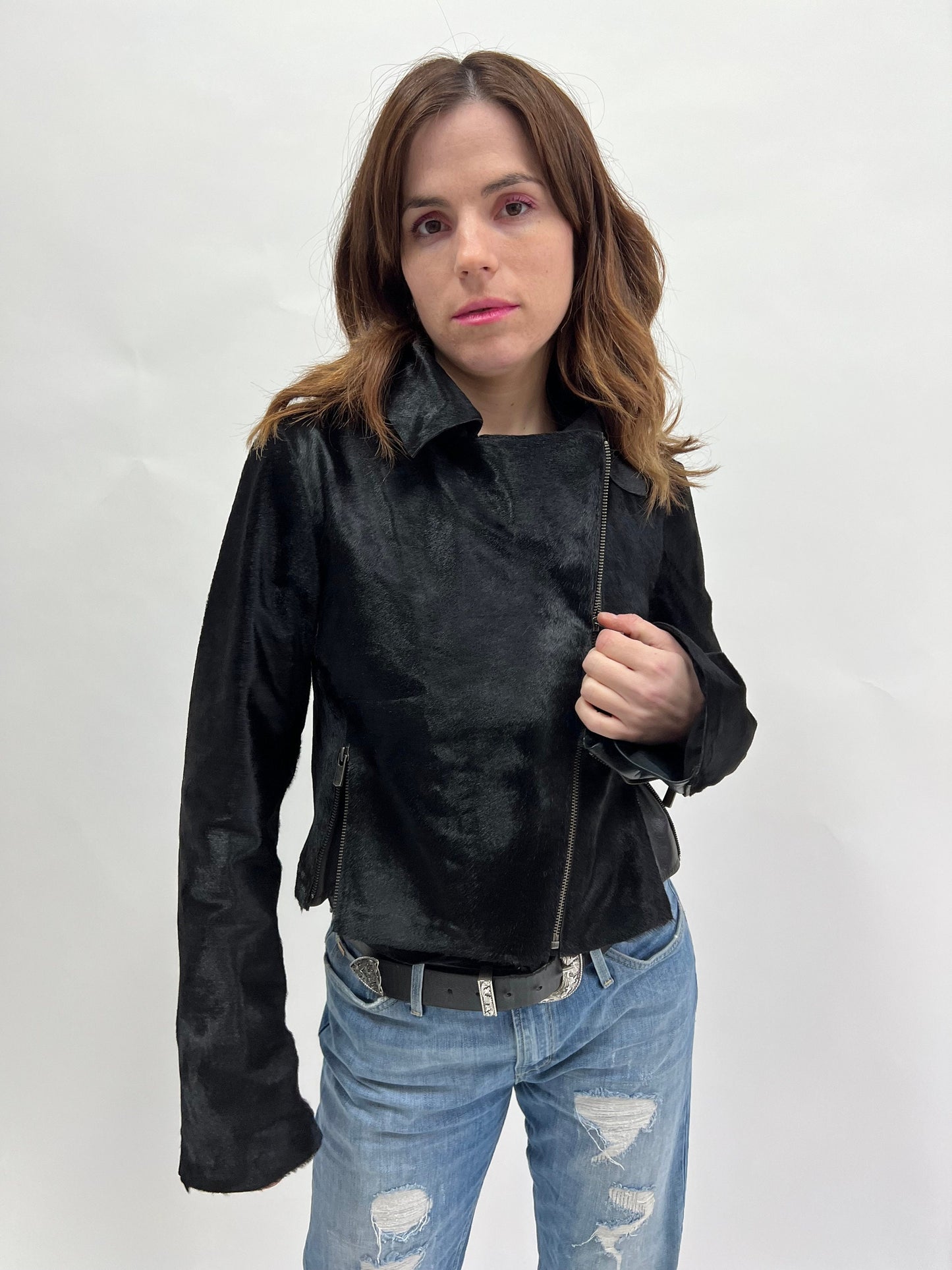 Genuine Cavallino Fur Biker Jacket: Hair-On Calf Leather, Lightweight Spring Coat