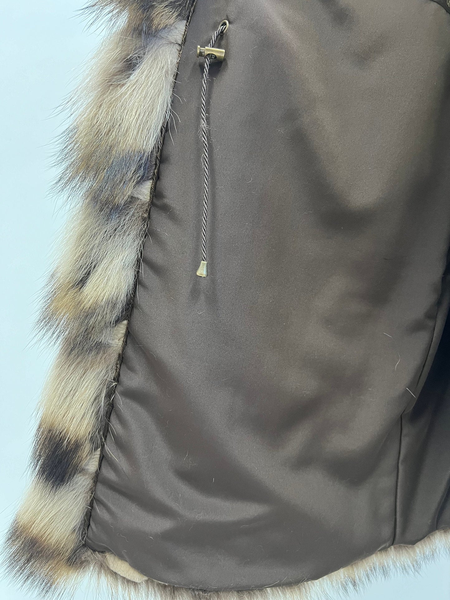 Real Raccoon Fur Coat: Beige Brown Horizontal Sheared Trim size Small.