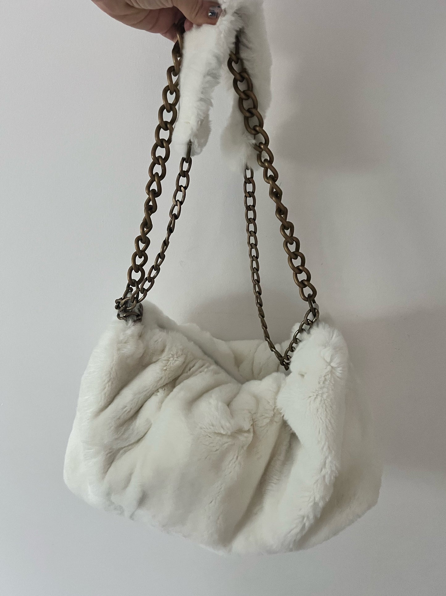 Handmade Rex Rabbit Fur Pouch Bag: White Slouchy Shoulder Bag