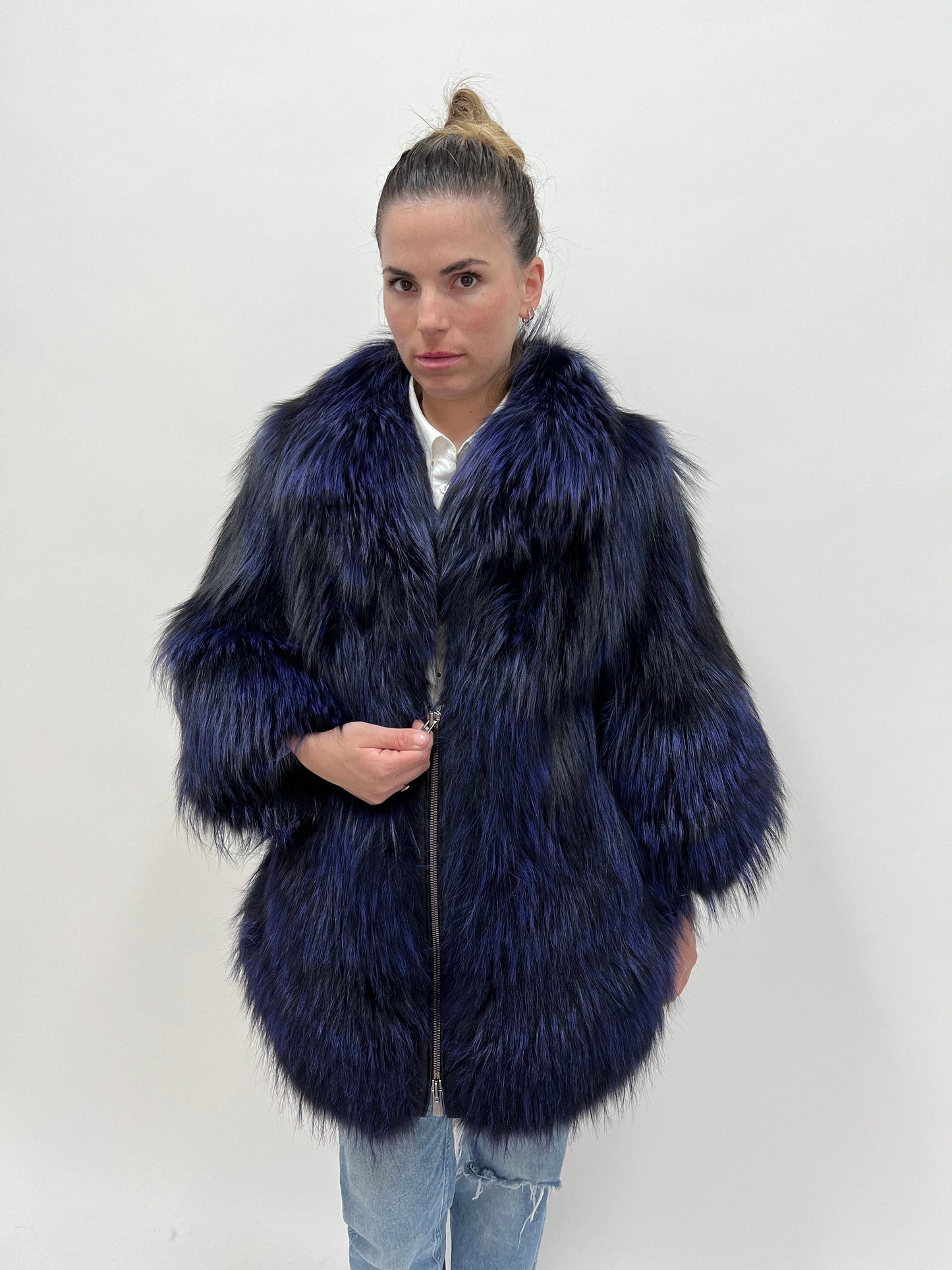 Real Navy Blue Fox Fur Coat: Luxury Women's Stroller, Size Large