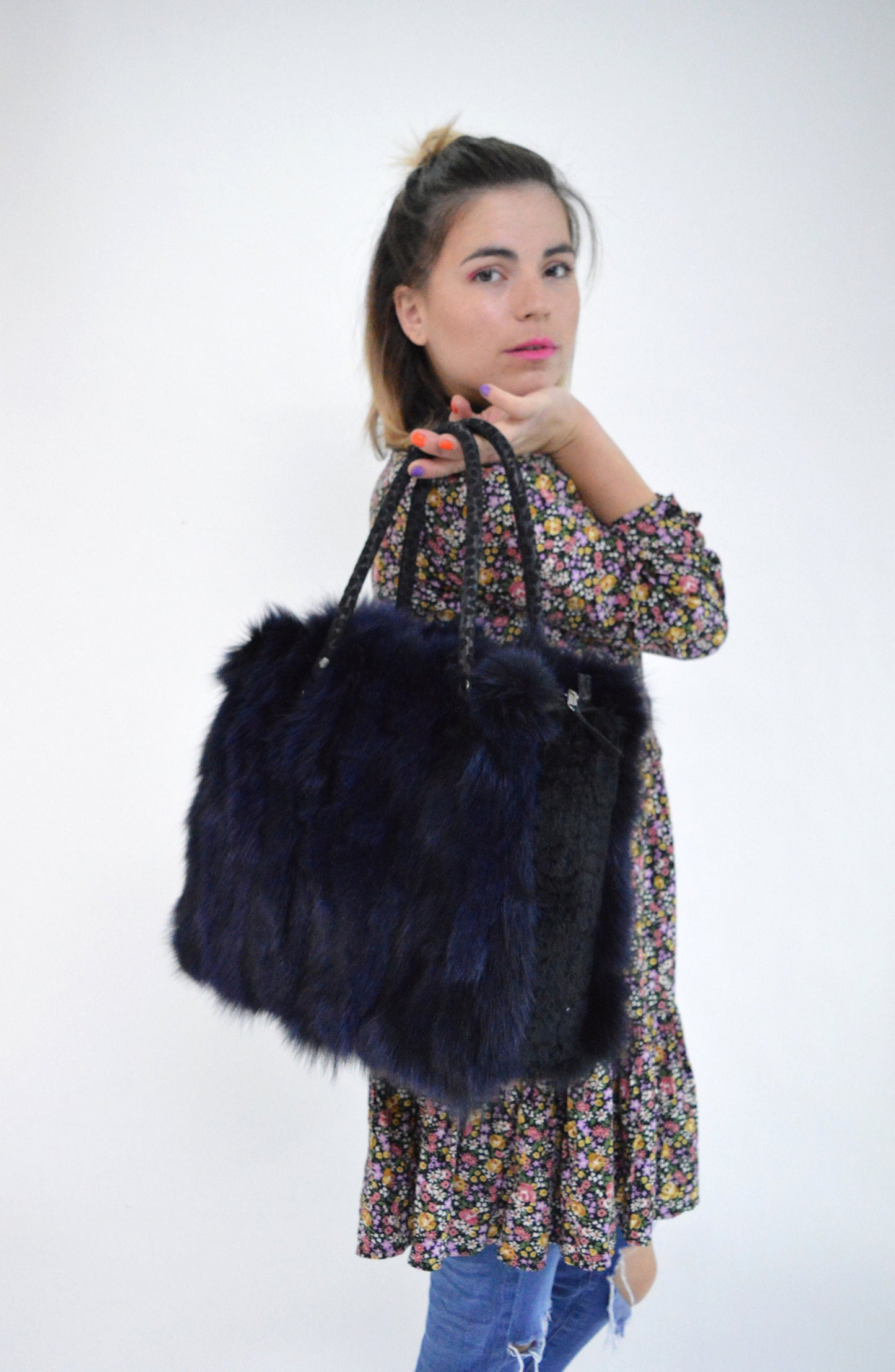 Navy Fox Fur Tote Bag: Handmade Leather Shoulder Bag