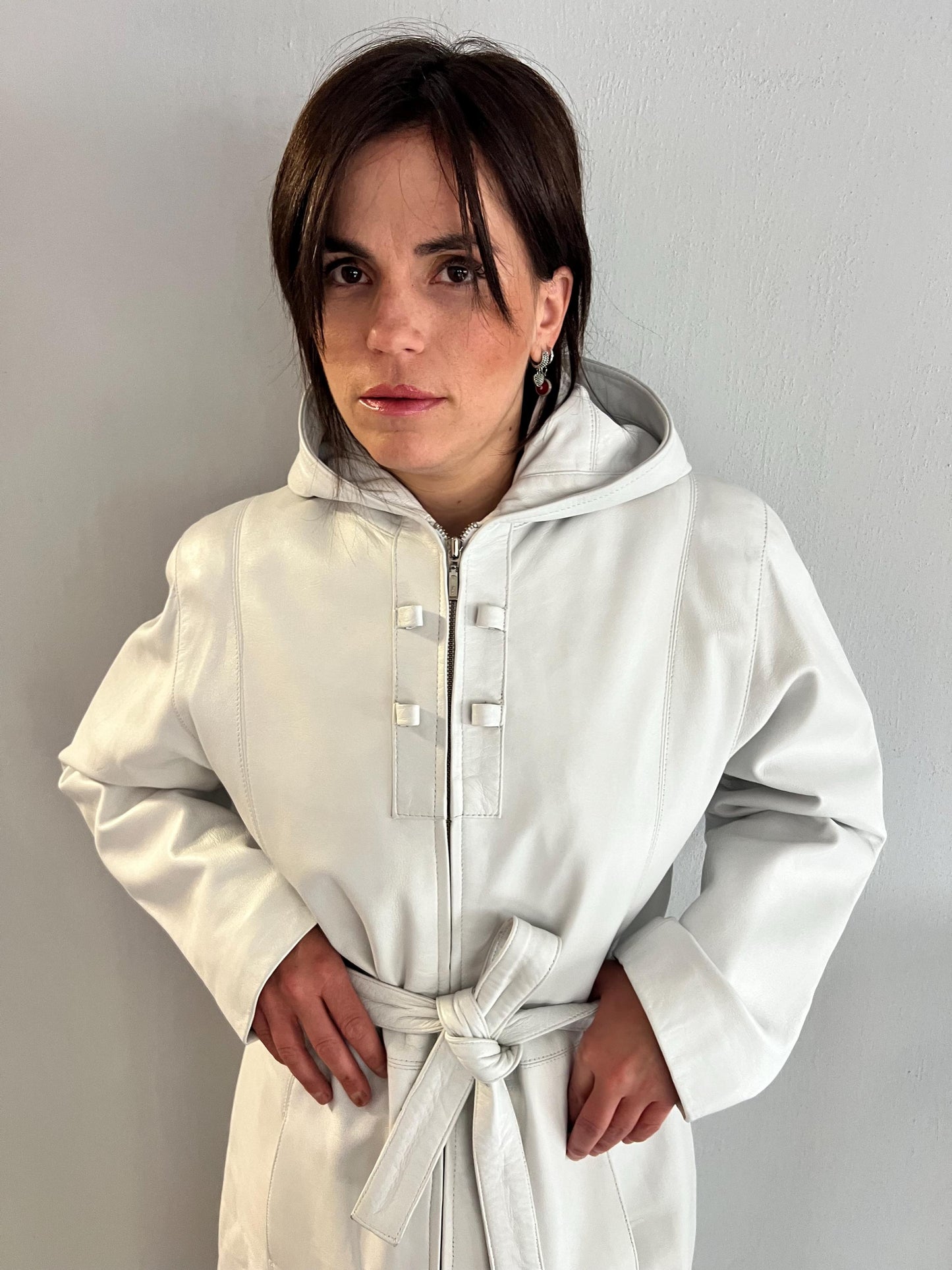 Handmade Nappa buttery Lambskin Leather Coat: Hooded Belted White Jacket