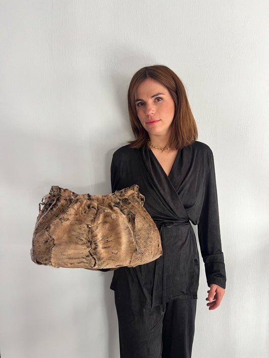 Rusty brown lamb fur Slouch Bag: Swakara Handmade brown Strap Crossbody with lining.