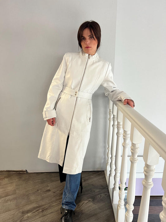 White Nappa Lambskin Leather Coat - Handmade Belted Zip Front