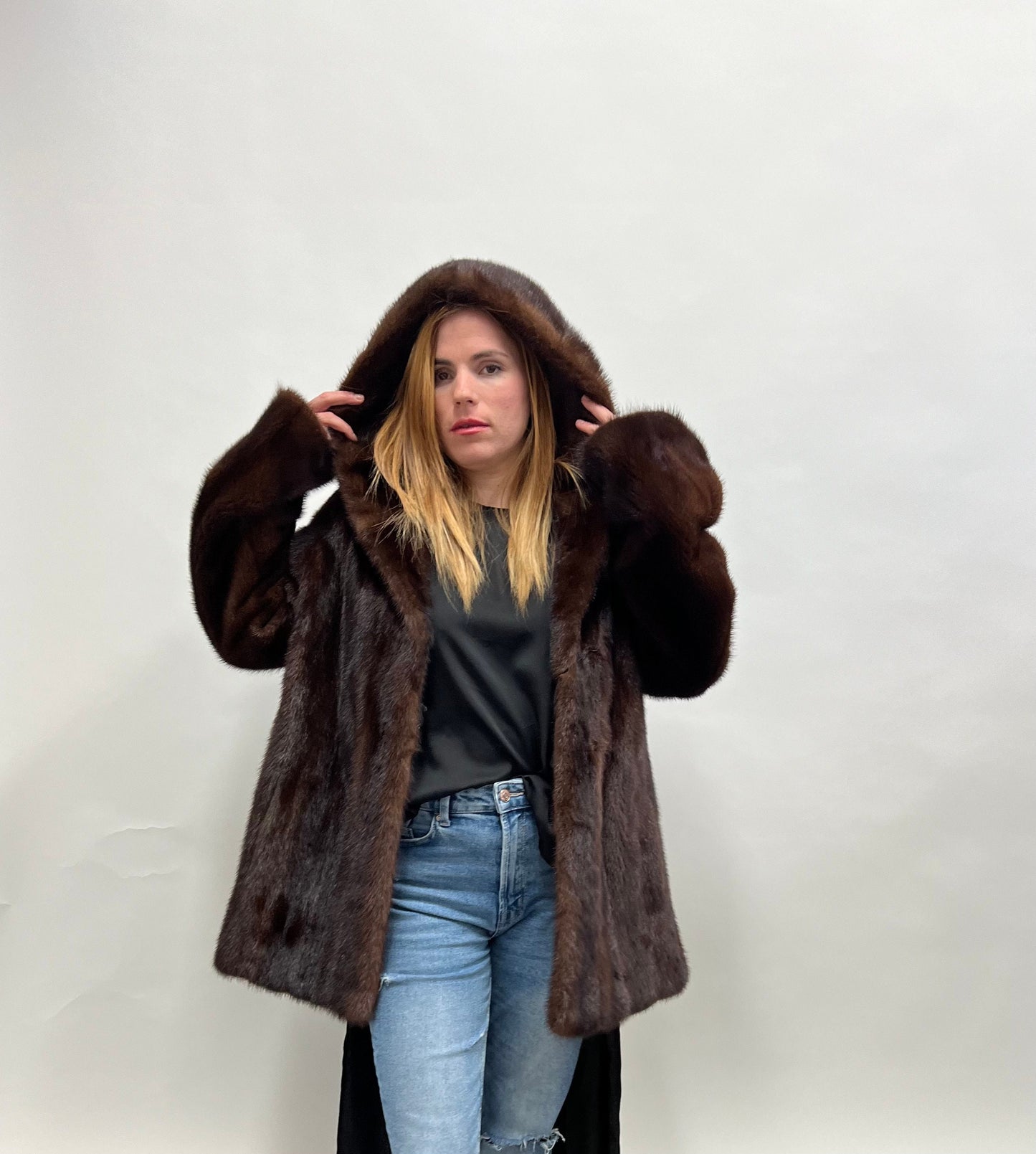 Mahogany Brown Mink Hooded Jacket - Handmade in Greece
