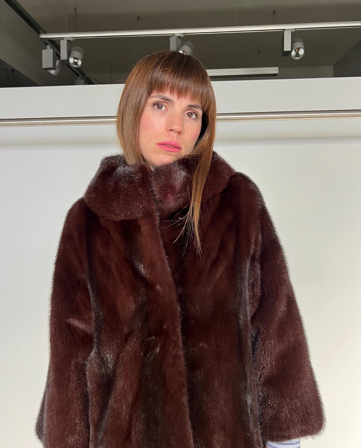 Burgundy Mink Fur Coat: Saga Quality, Stand Up Collar (Medium)