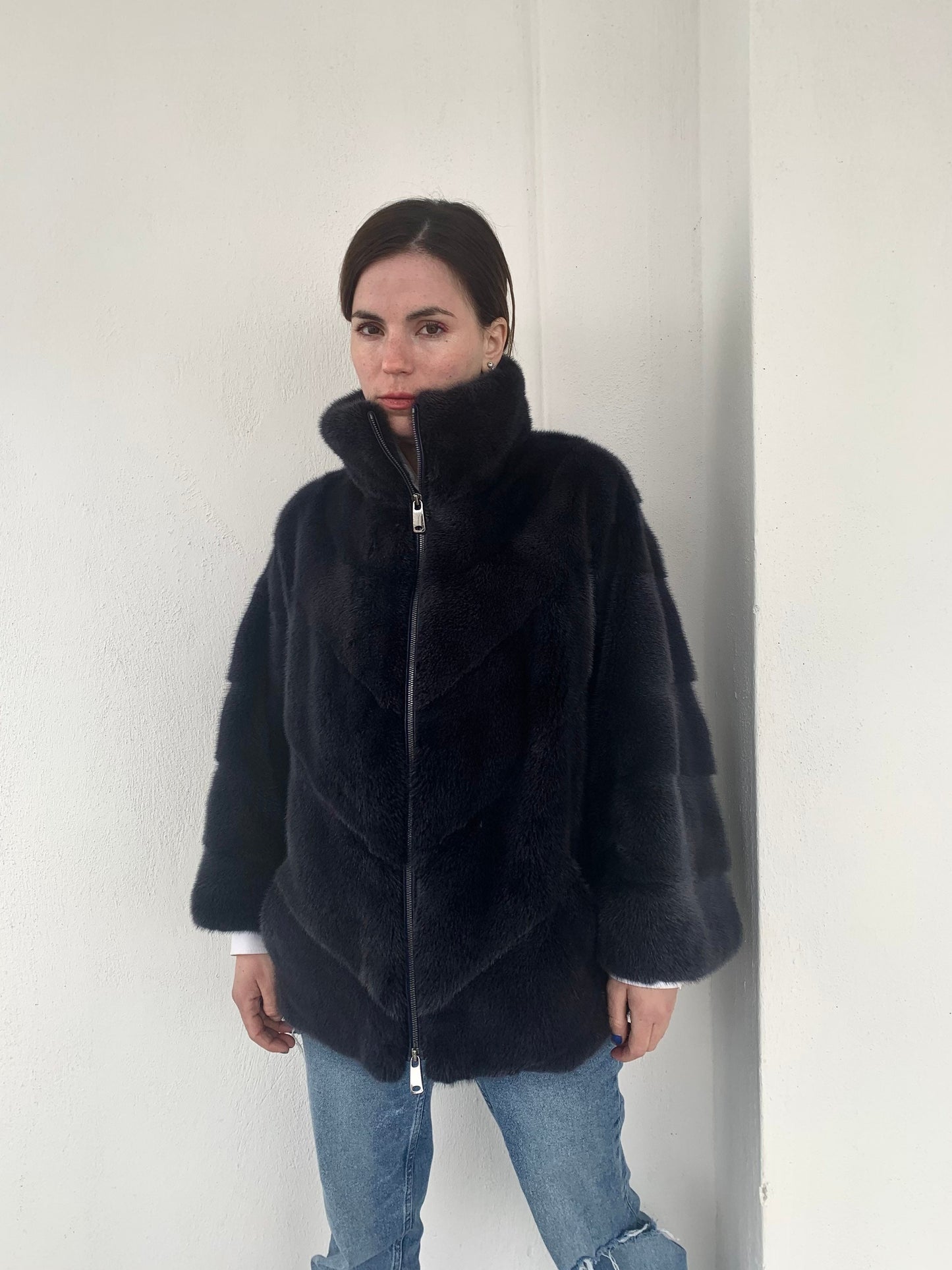 Denim Blue Mink Fur Cape: Handmade Oversized Jacket