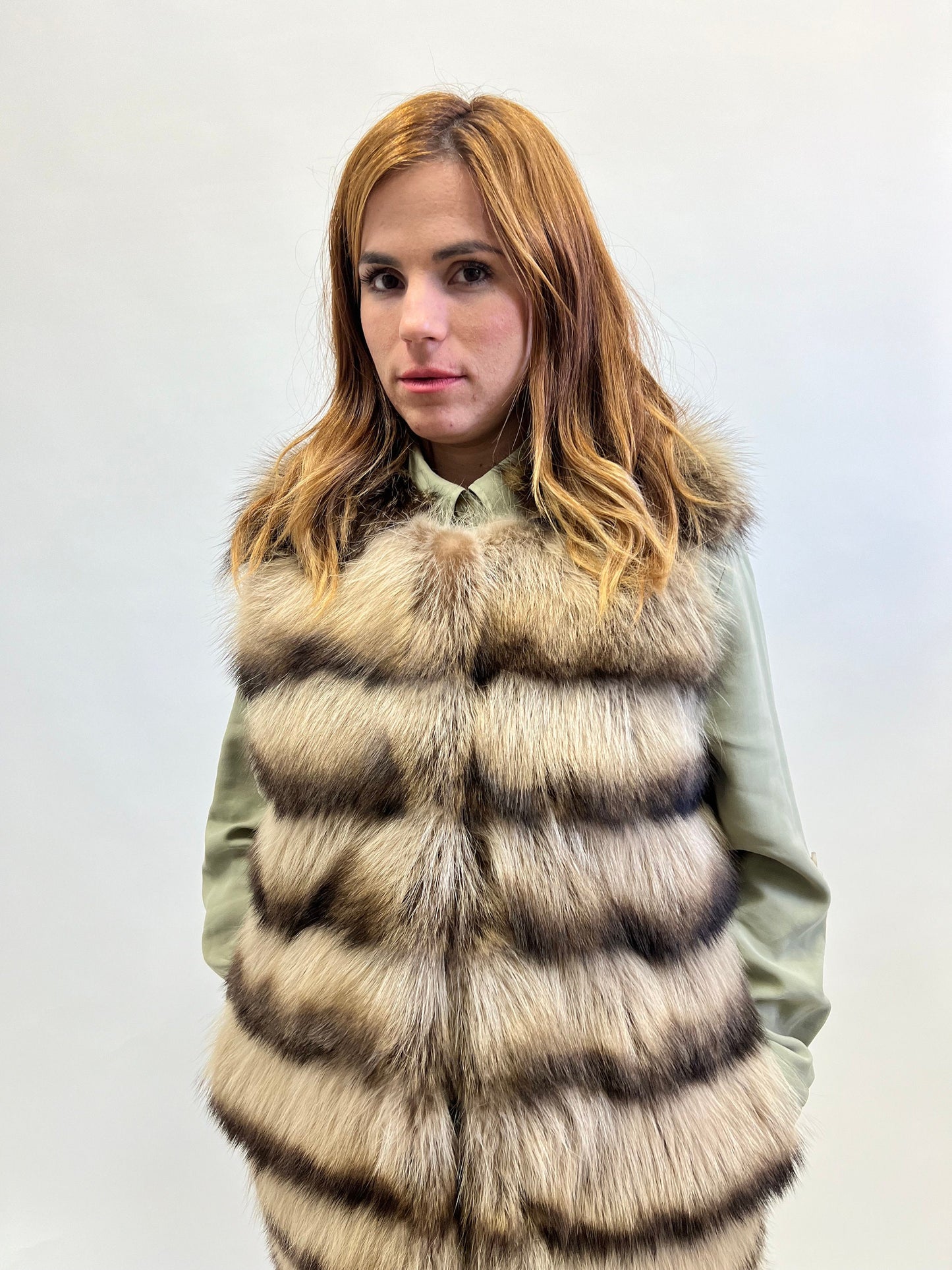 Real Raccoon Fur Vest: Beige Brown Leather Trim, Size XXSmall-XSmall