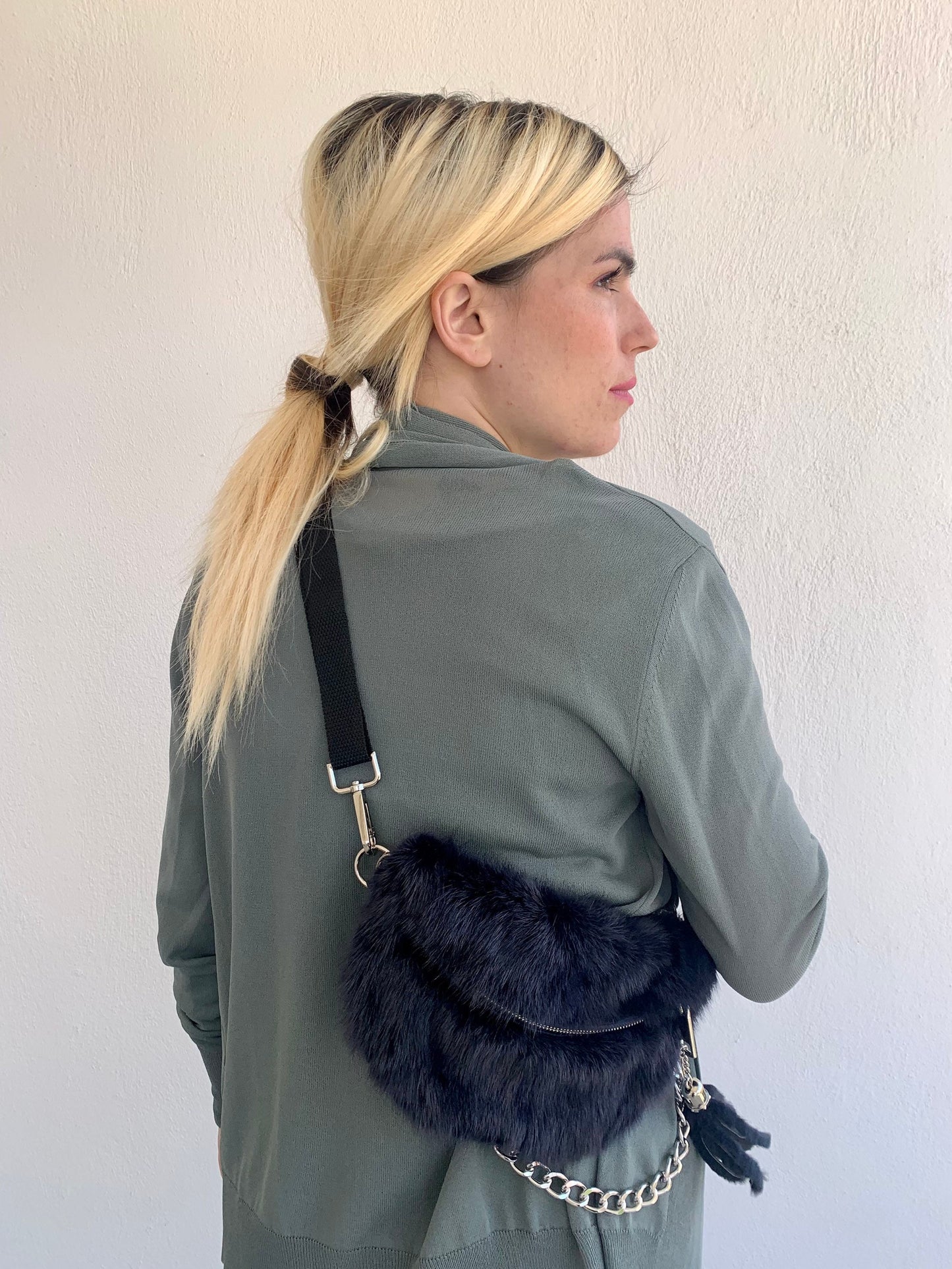 Navy Mink Fur Bumbag with Chain Tassel: Luxury Fanny Pack