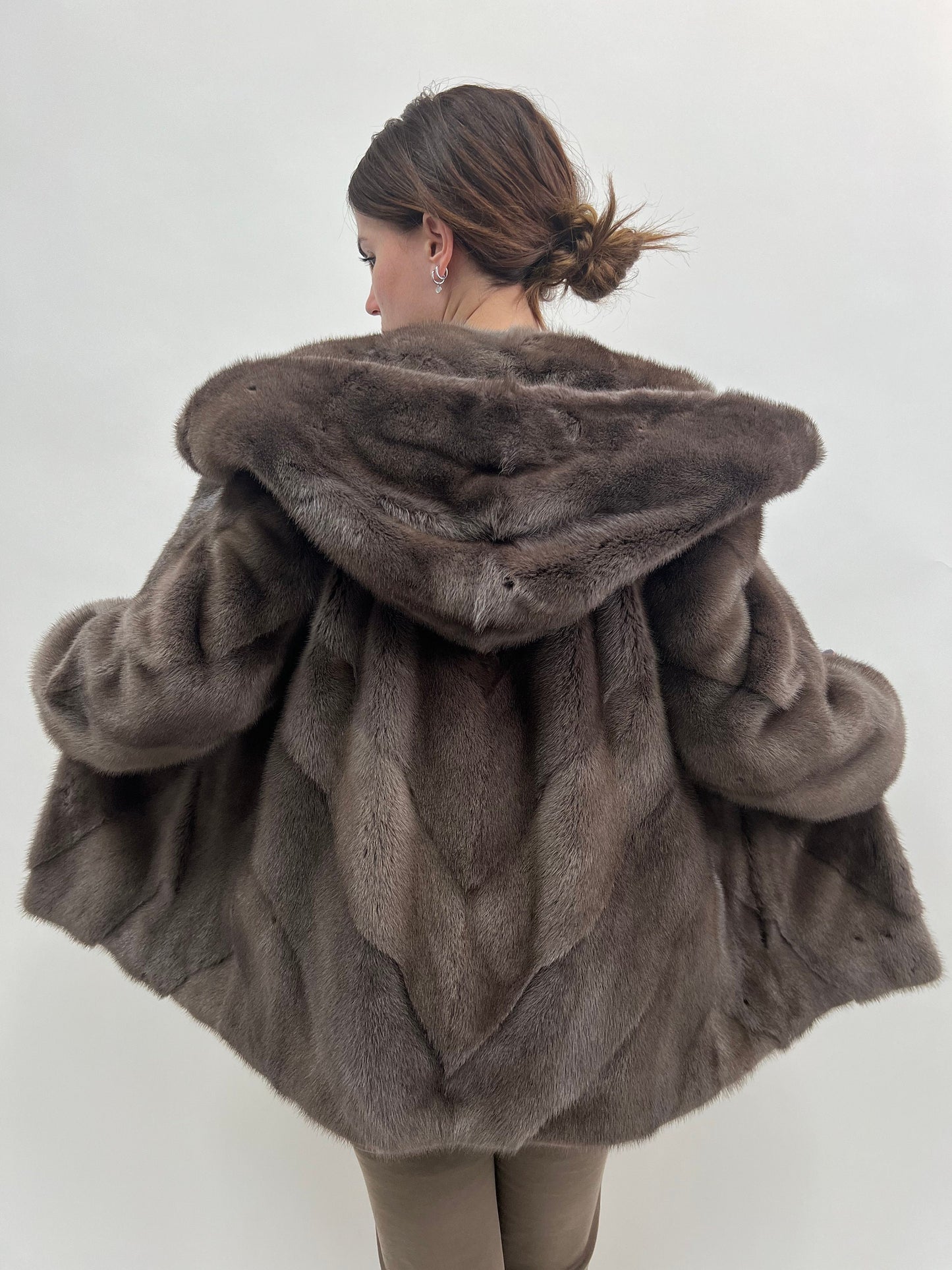 Saga Mink Fur Hooded Jacket, Warm Grey Diagonal Coat