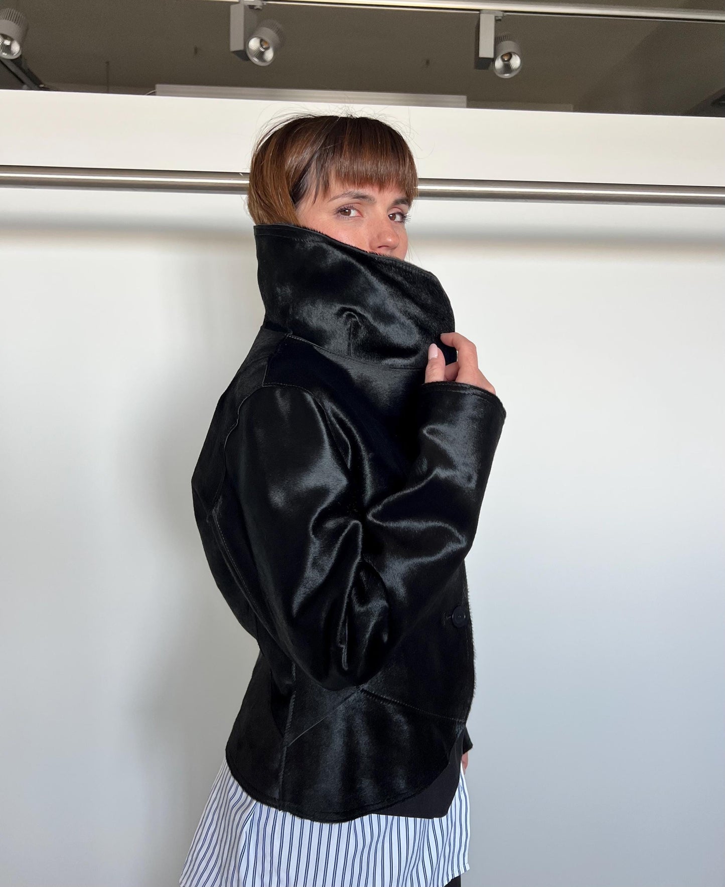 Genuine Hair-On Leather Jacket: Black Calf Fur Coat, Handmade in Greece