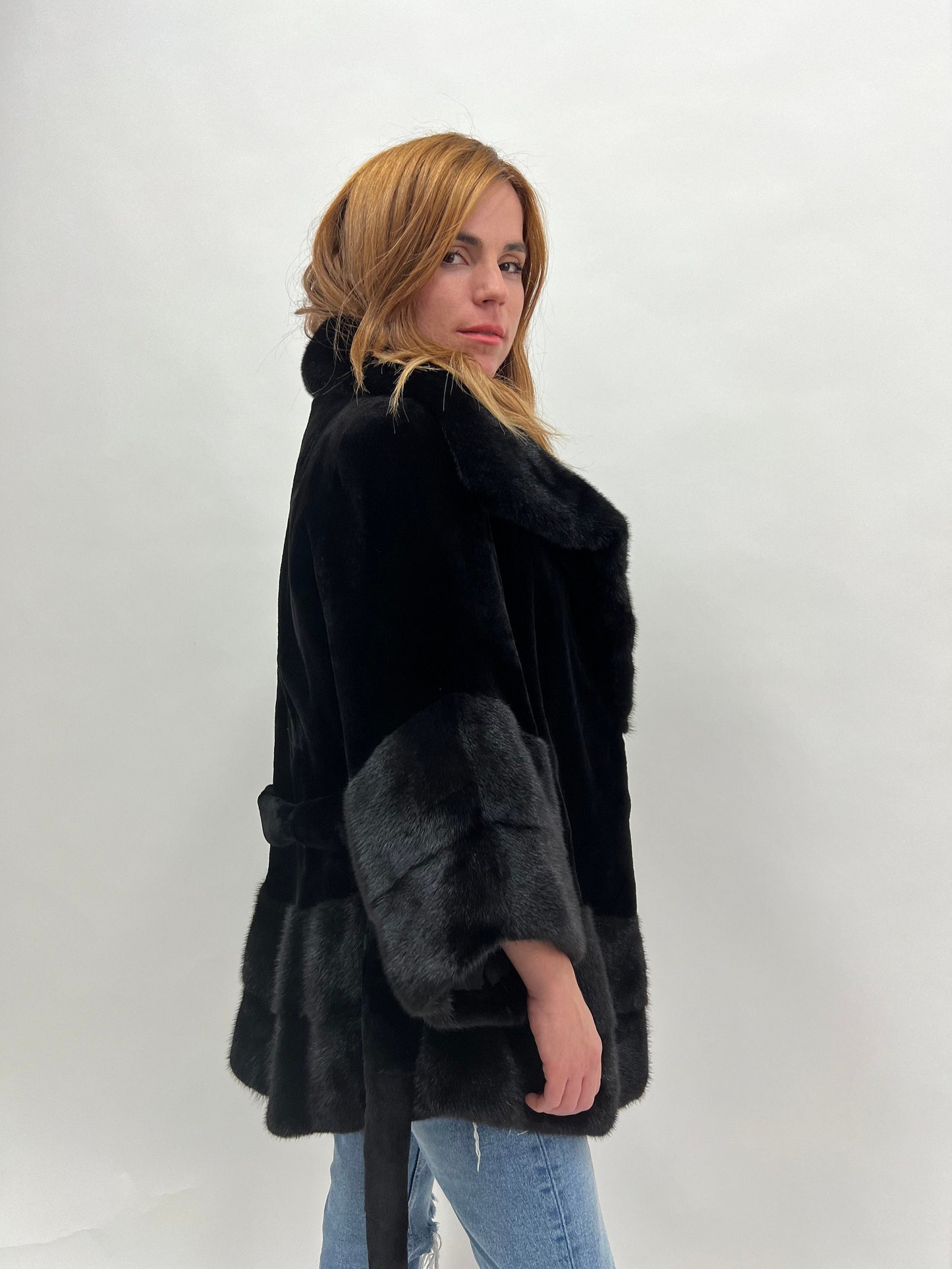 Black Sheared Mink Fur Coat with Belt & Big Collar