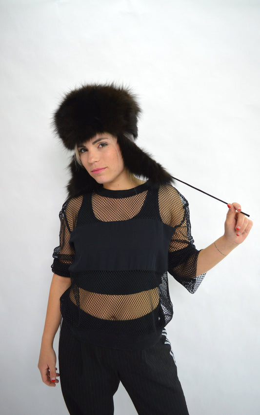 Real Fur Trapper Hat: Black Aviator Winter Cap