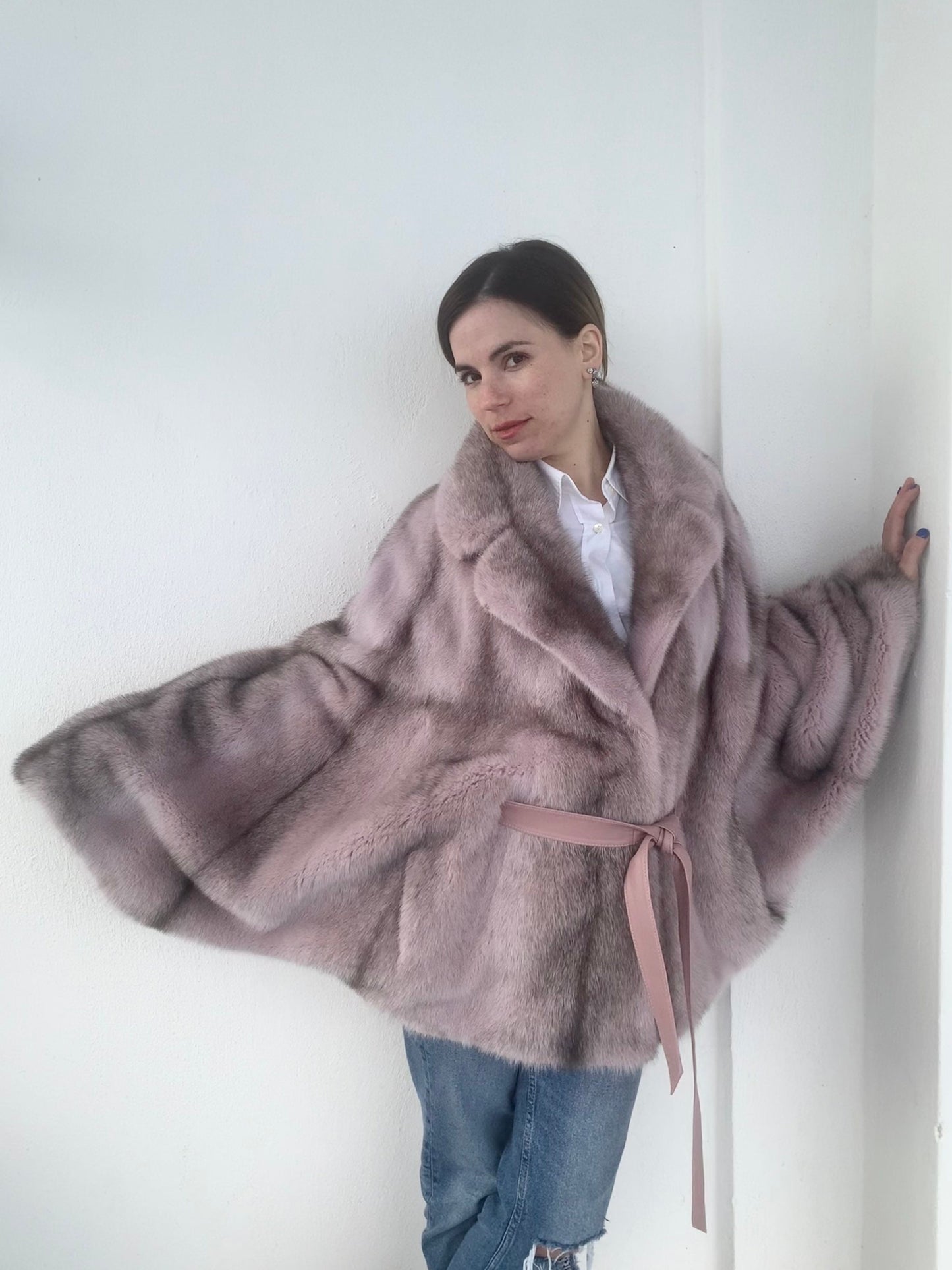 Pink & Black Cross Mink Fur Cape with Leather Belt