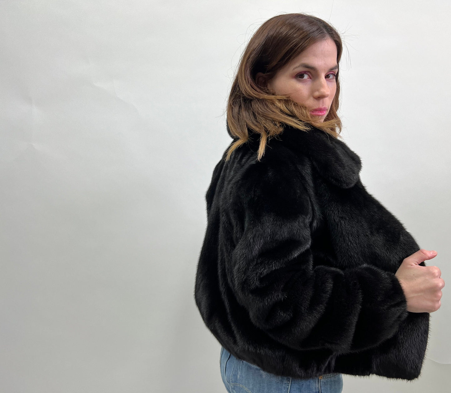 Real Mink Fur Velvet Bomber Jacket - Black, Big Collar