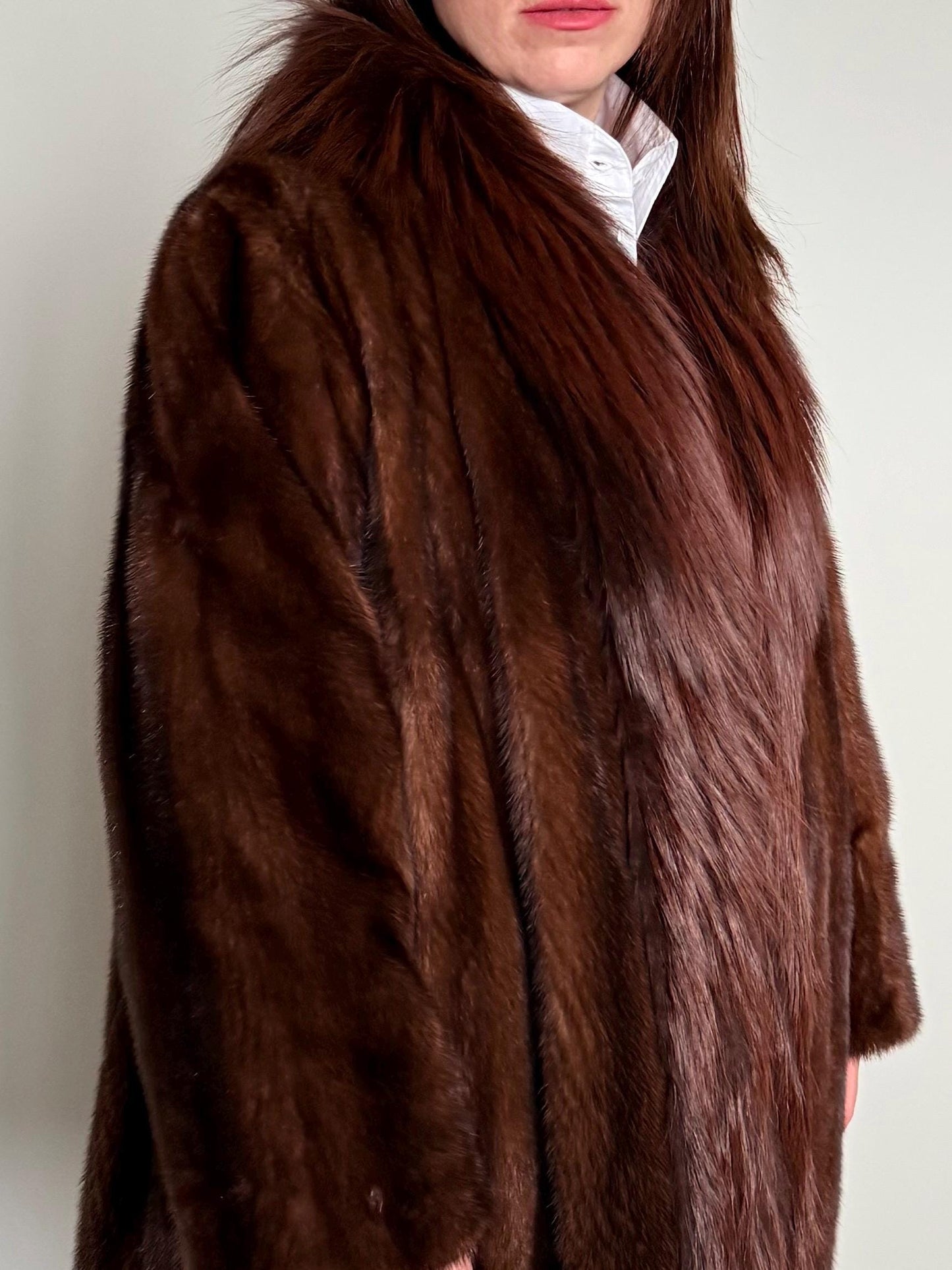 Oversized Demi Buff Mink Fur Coat with Fox Trim: Pastel Whisky Stroller, Handmade Greece