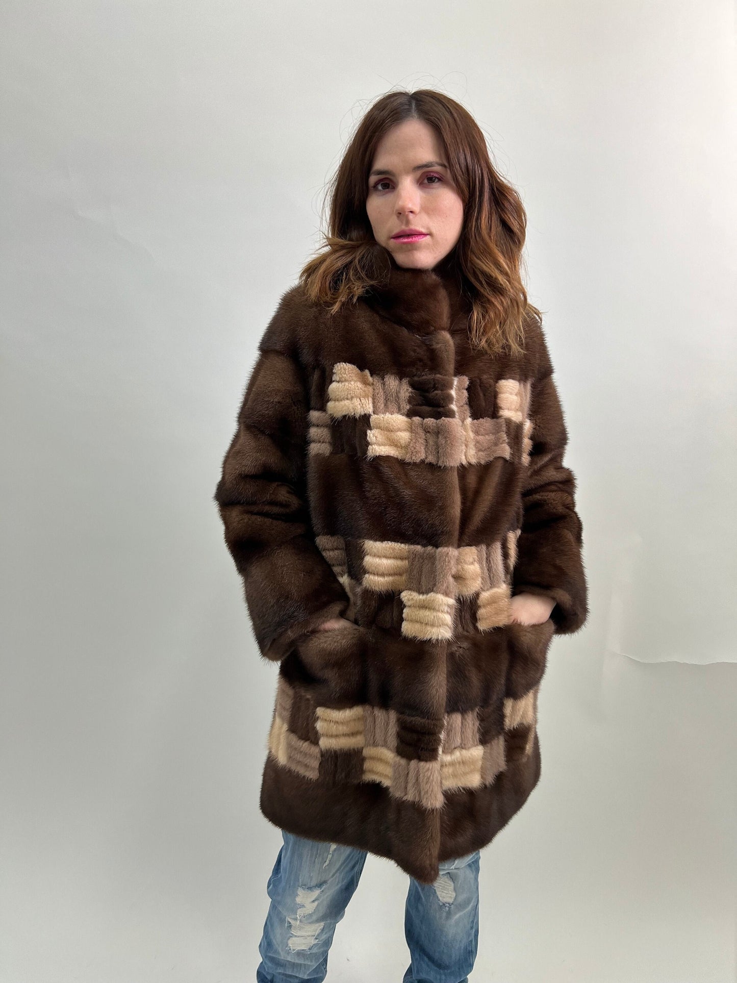 Intarsia Brown Mink Fur Coat - Saga Lightweight Zip-Up - Size Large