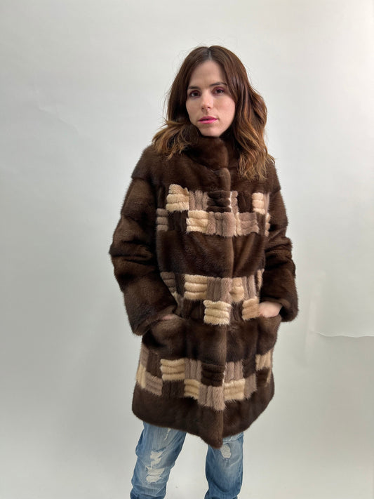 Intarsia Brown Mink Fur Coat - Saga Lightweight Zip-Up - Size Large