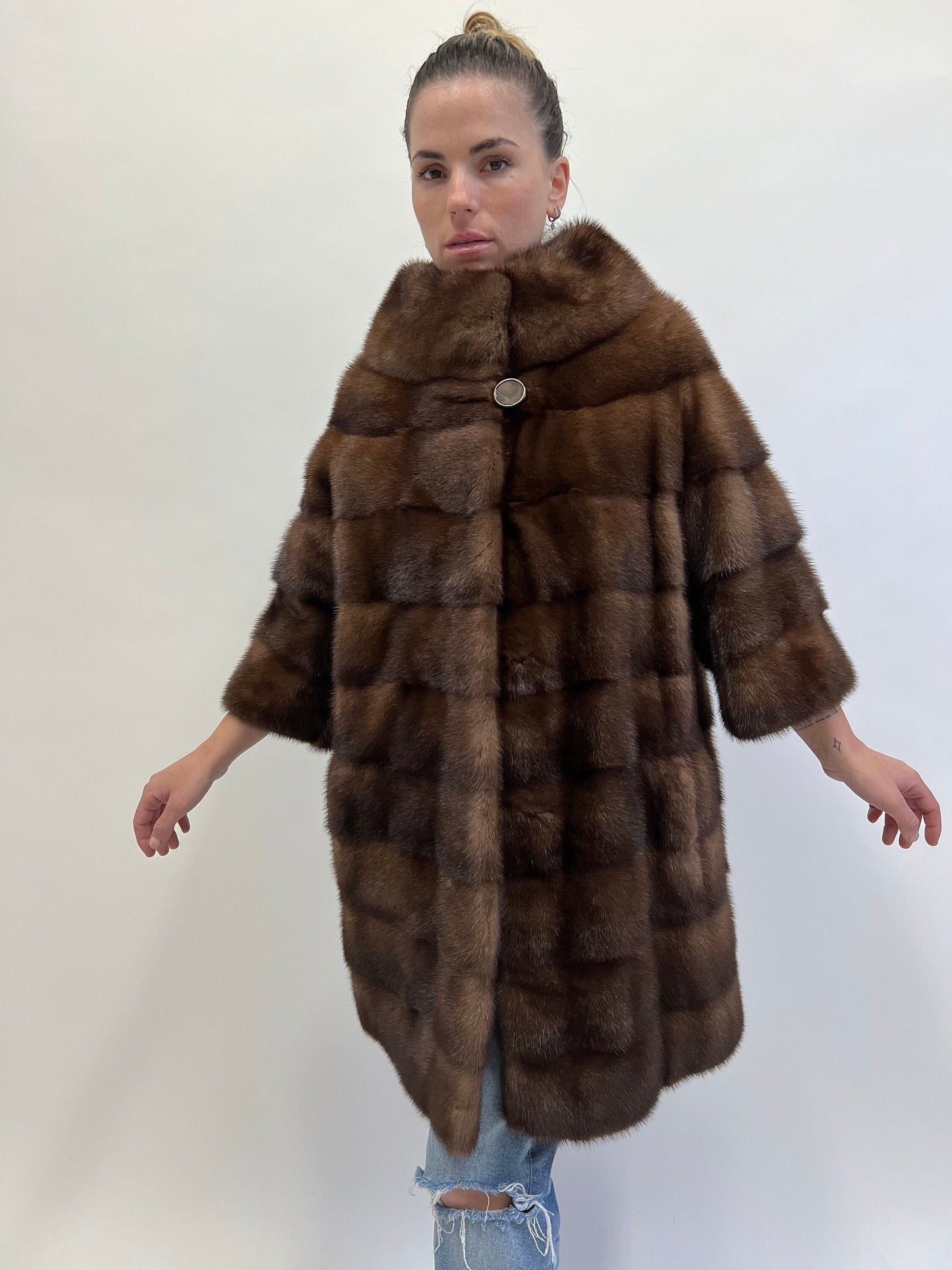 Brown Mink Fur Coat: Horizontal Design, Luxury Jacket