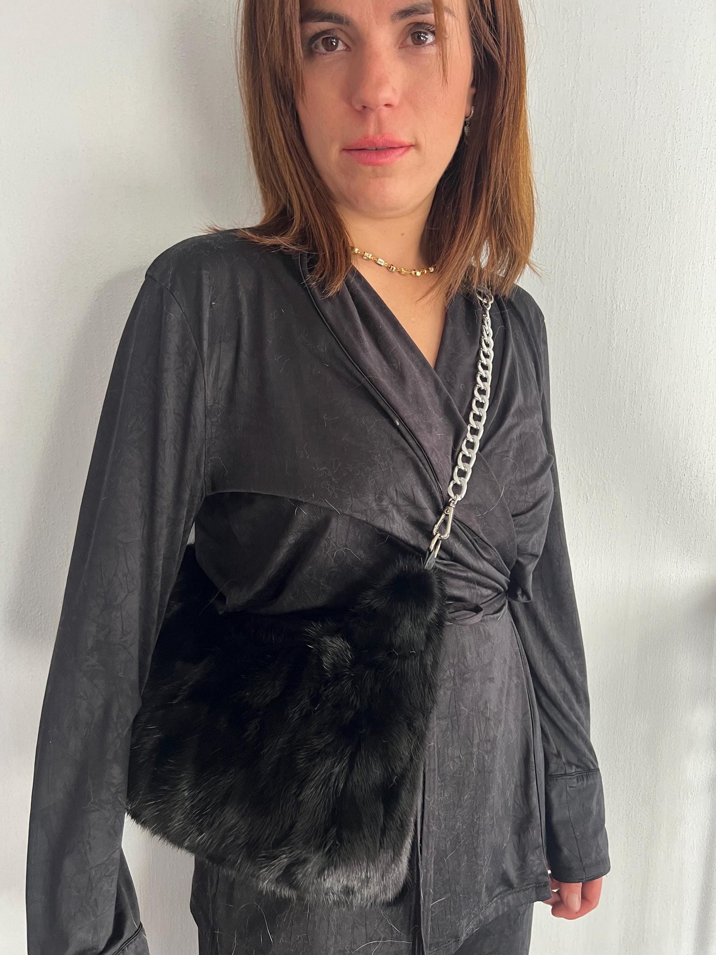 Black Mink Fur Tote Bag: Leather & Chain Detail, Handmade
