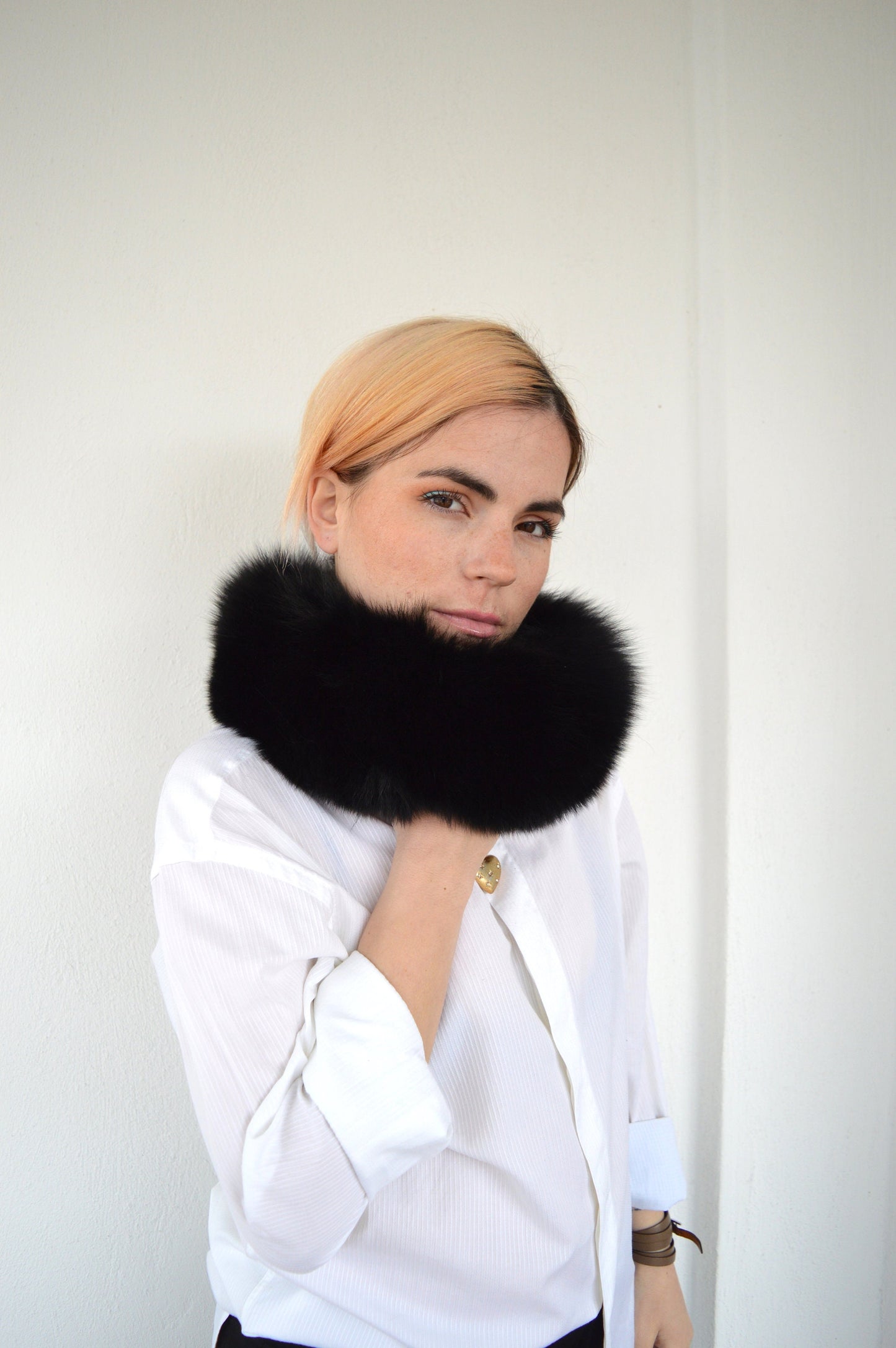 Real Black Fox Fur Headband Collar, Winter Loop Scarf