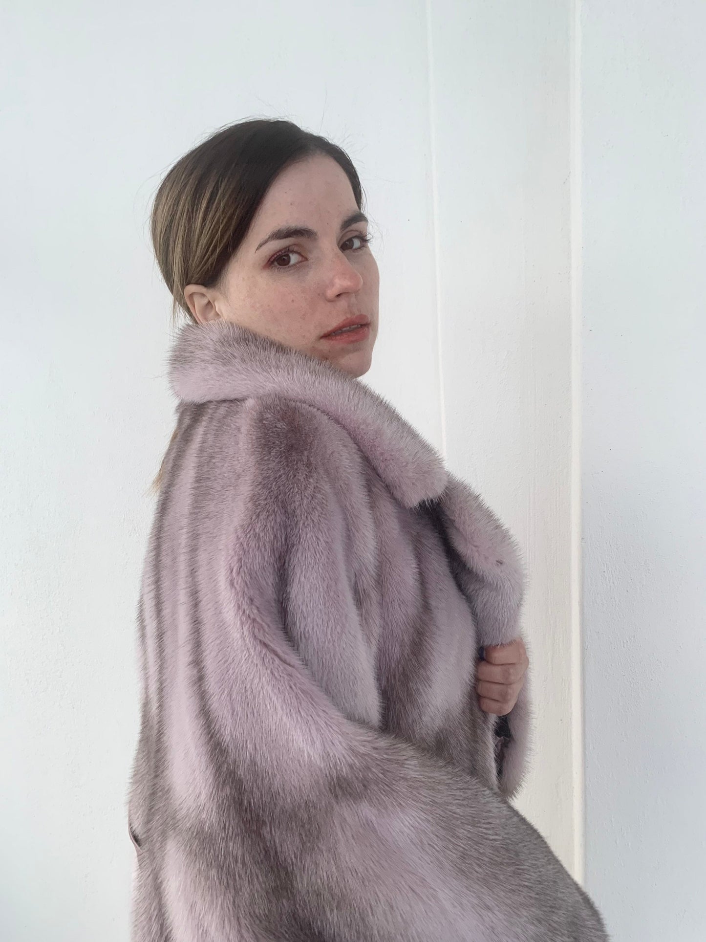 Pink & Black Cross Mink Fur Cape with Leather Belt