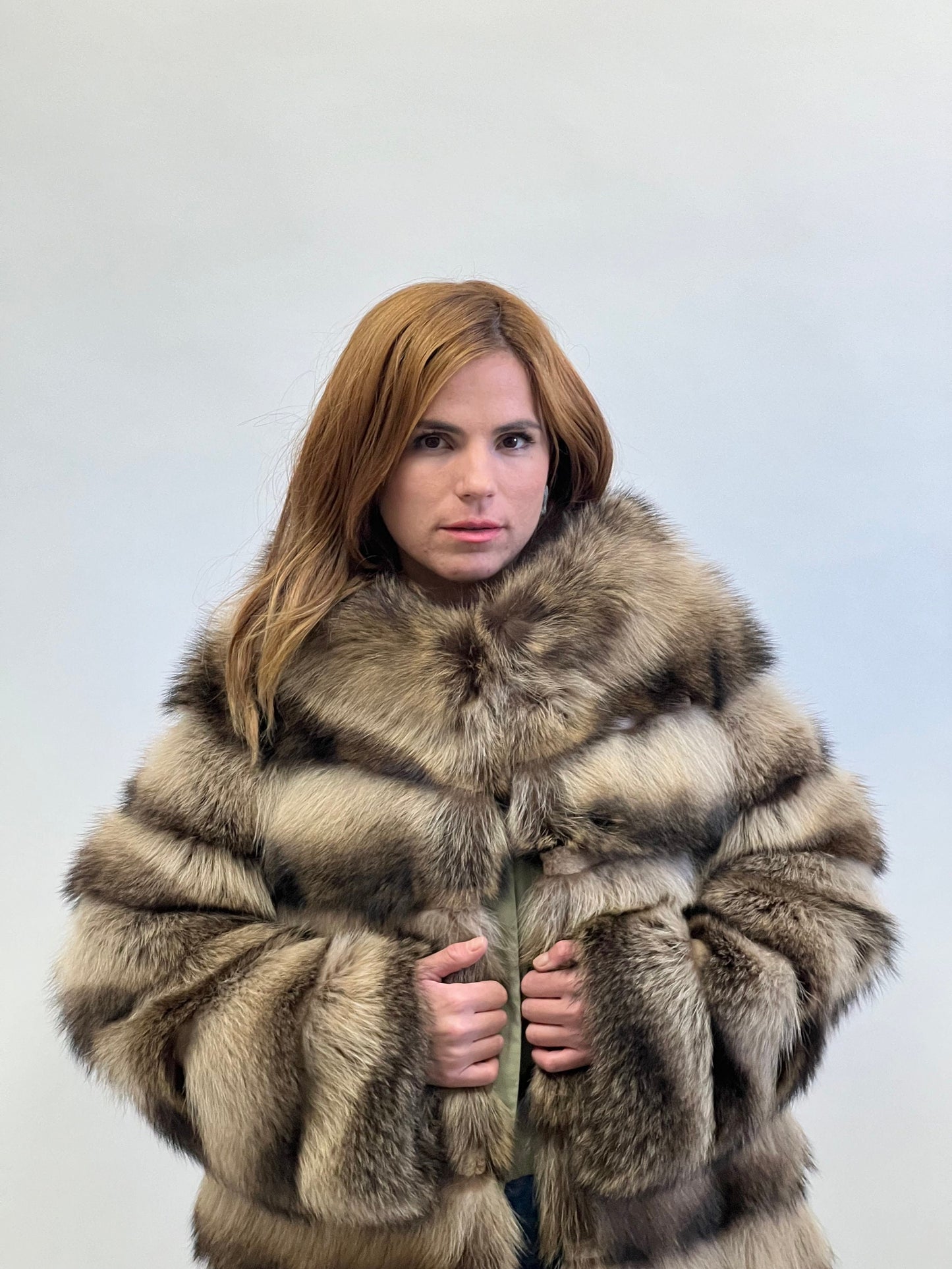 Real Raccoon Fur Coat: Beige Brown Horizontal Sheared Trim size Small.