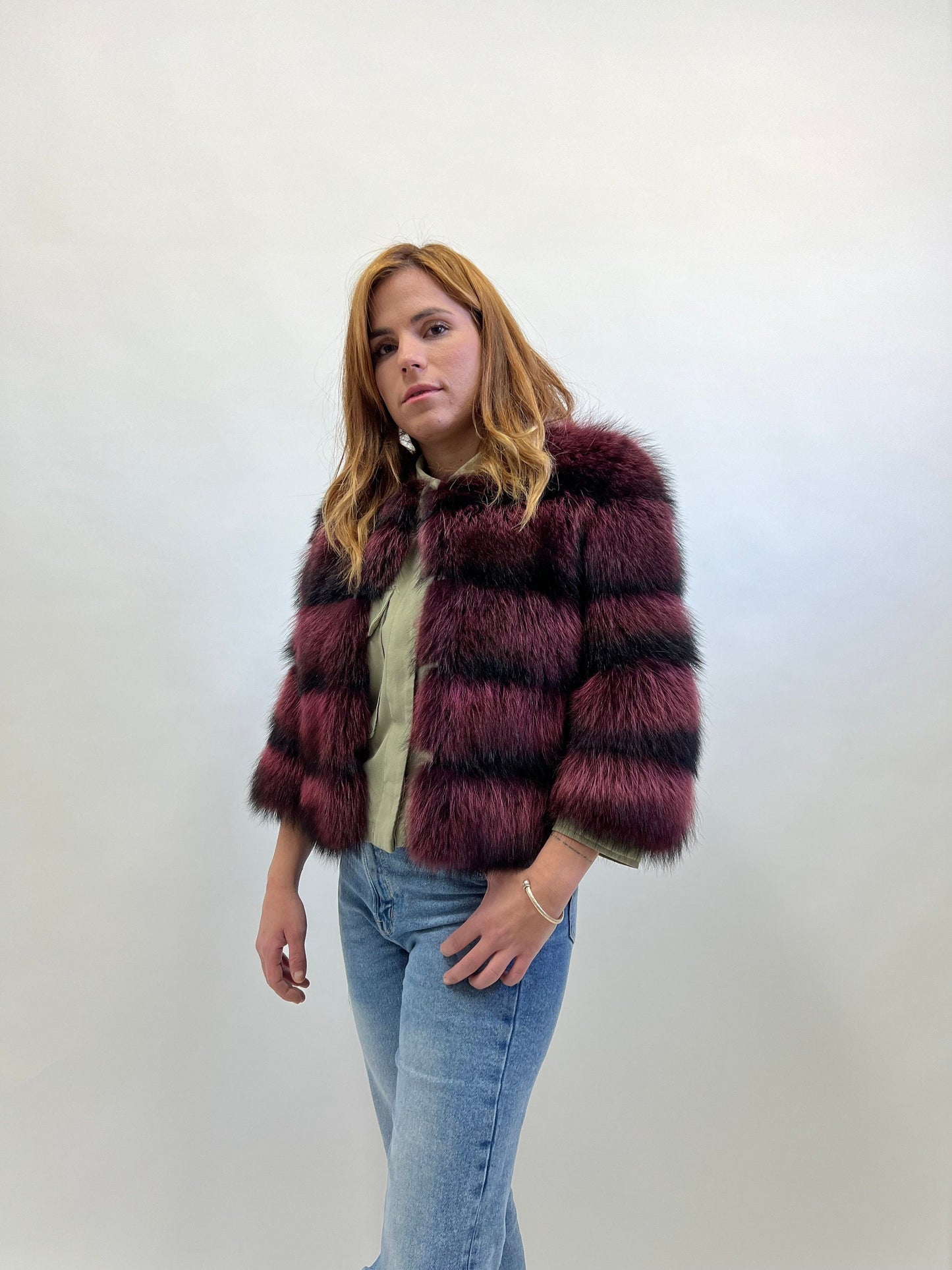 Genuine Burgundy Raccoon Fur Jacket: Leather Trim, XXSmall