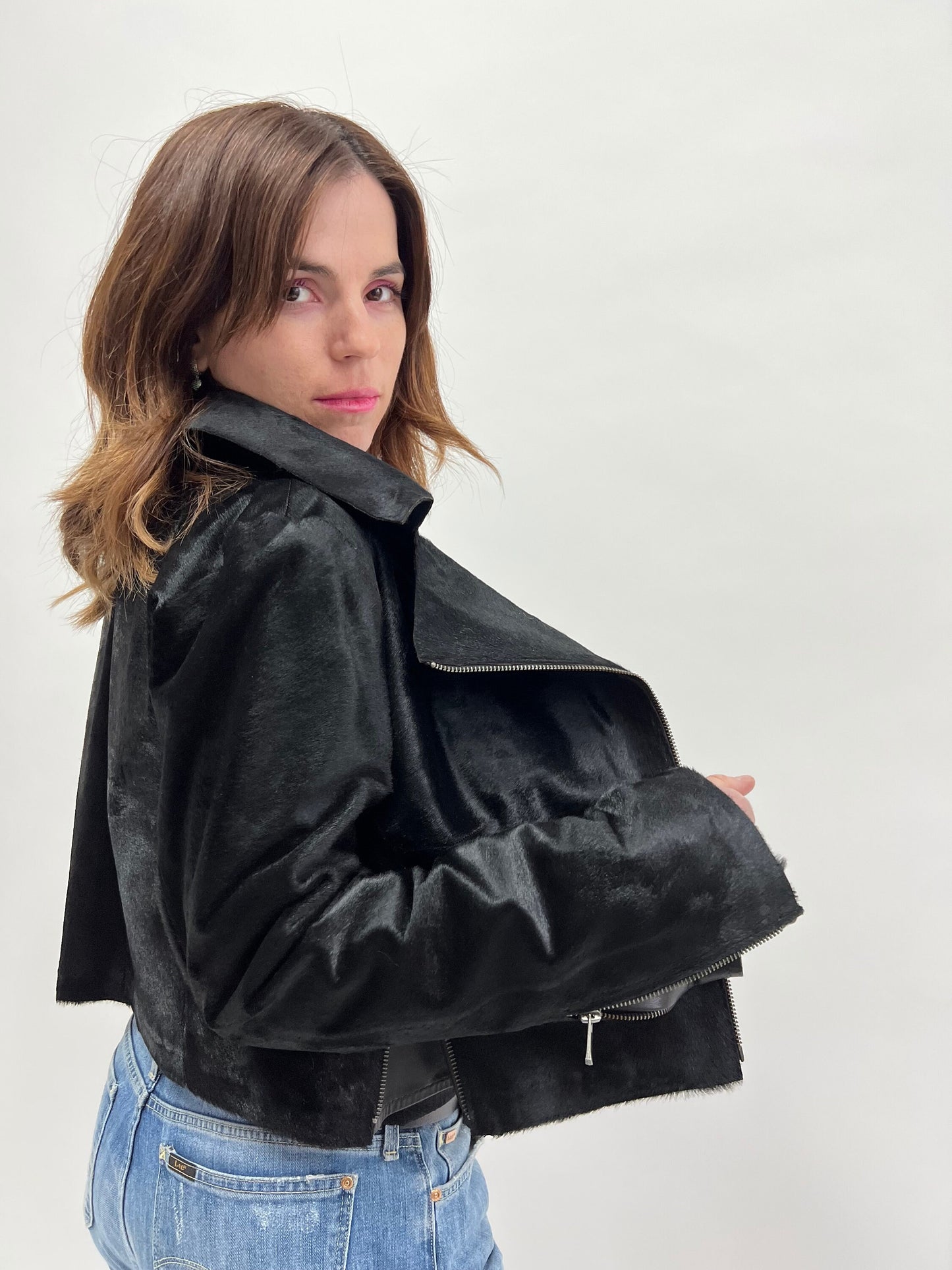 Genuine Cavallino Fur Biker Jacket: Hair-On Calf Leather, Lightweight Spring Coat