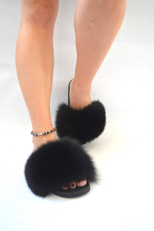 Black Fox Fur Slides: Genuine Fur Slippers with PVC Sole
