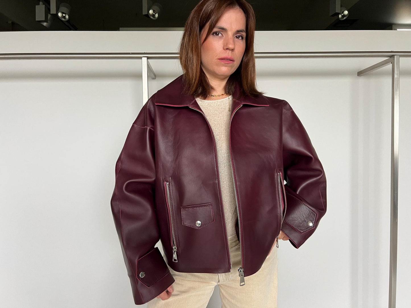 Handmade Burgundy Nappa boxy Leather Jacket: Oversized Zip-Up thick hide Coat