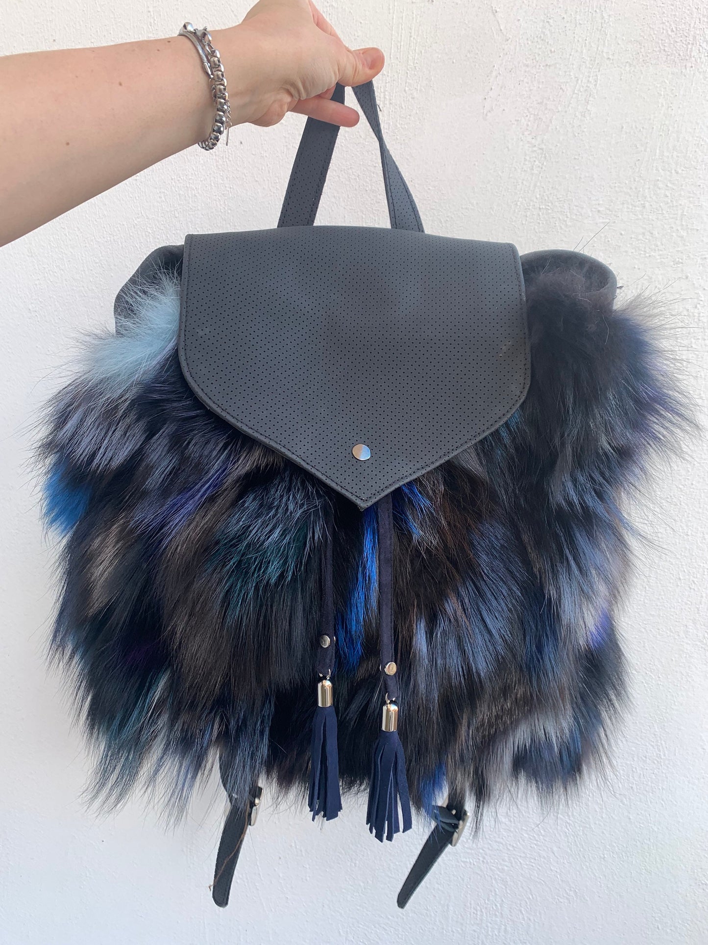 Real Fox Fur Leather Backpack: Handmade Rucksack Laptop Bag