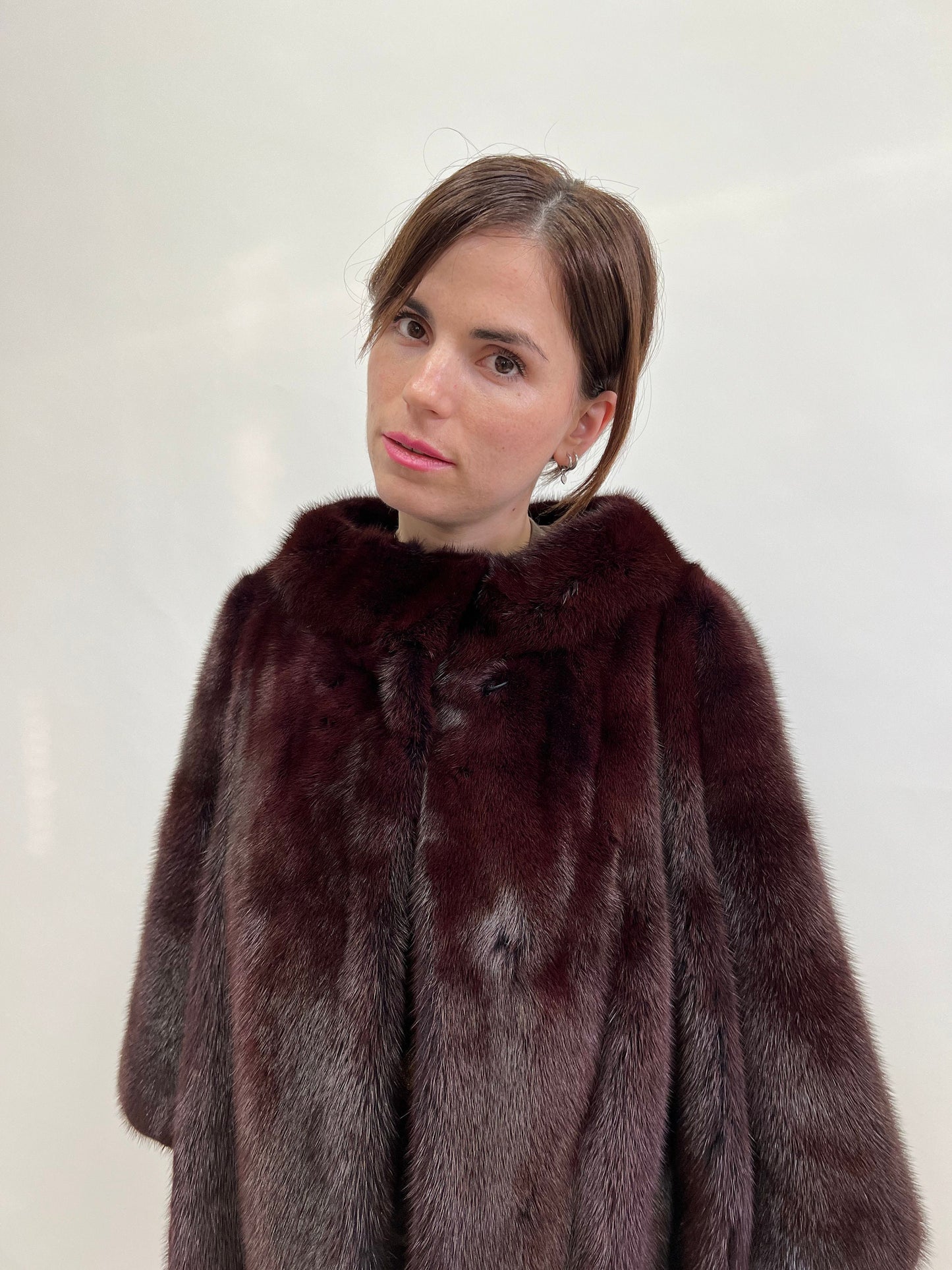 Burgundy Mink Fur Jacket: Saga Quality, Edgy Stand Up Collar