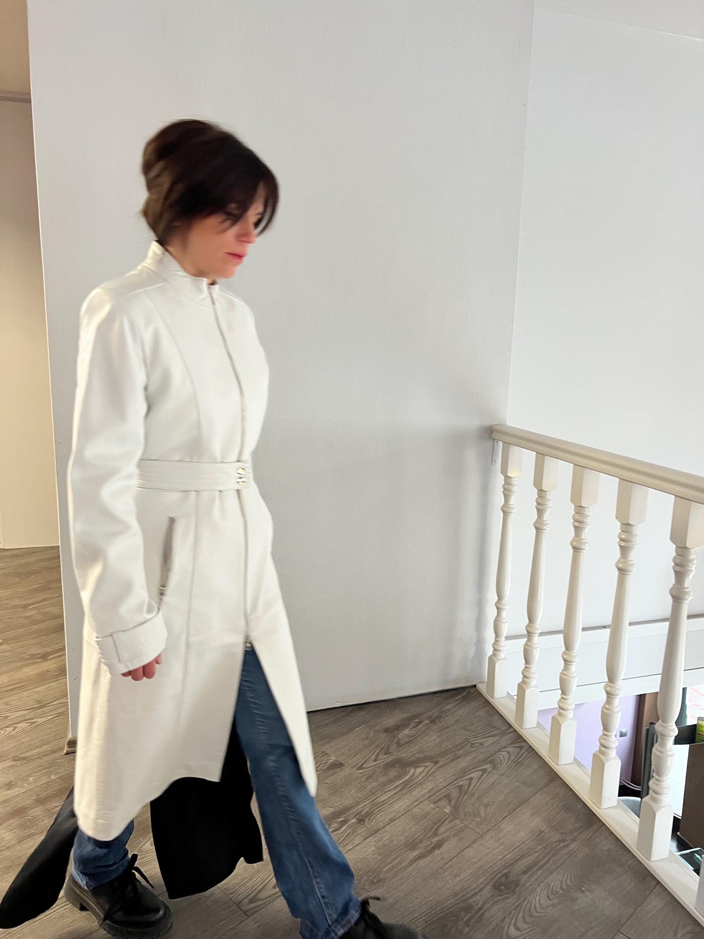 White Nappa Lambskin Leather Coat - Handmade Belted Zip Front