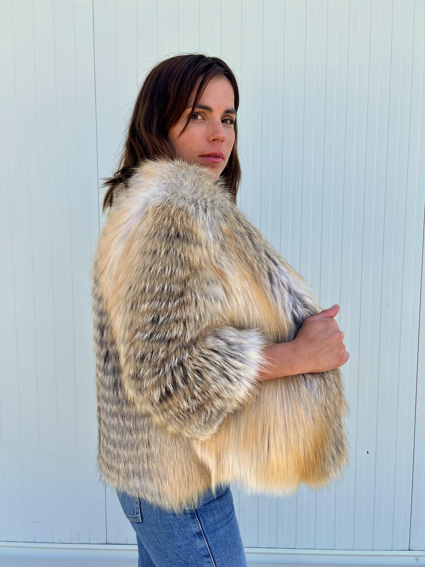 Handmade Camel Fox Fur Jacket: Lightweight Fluffy Coat