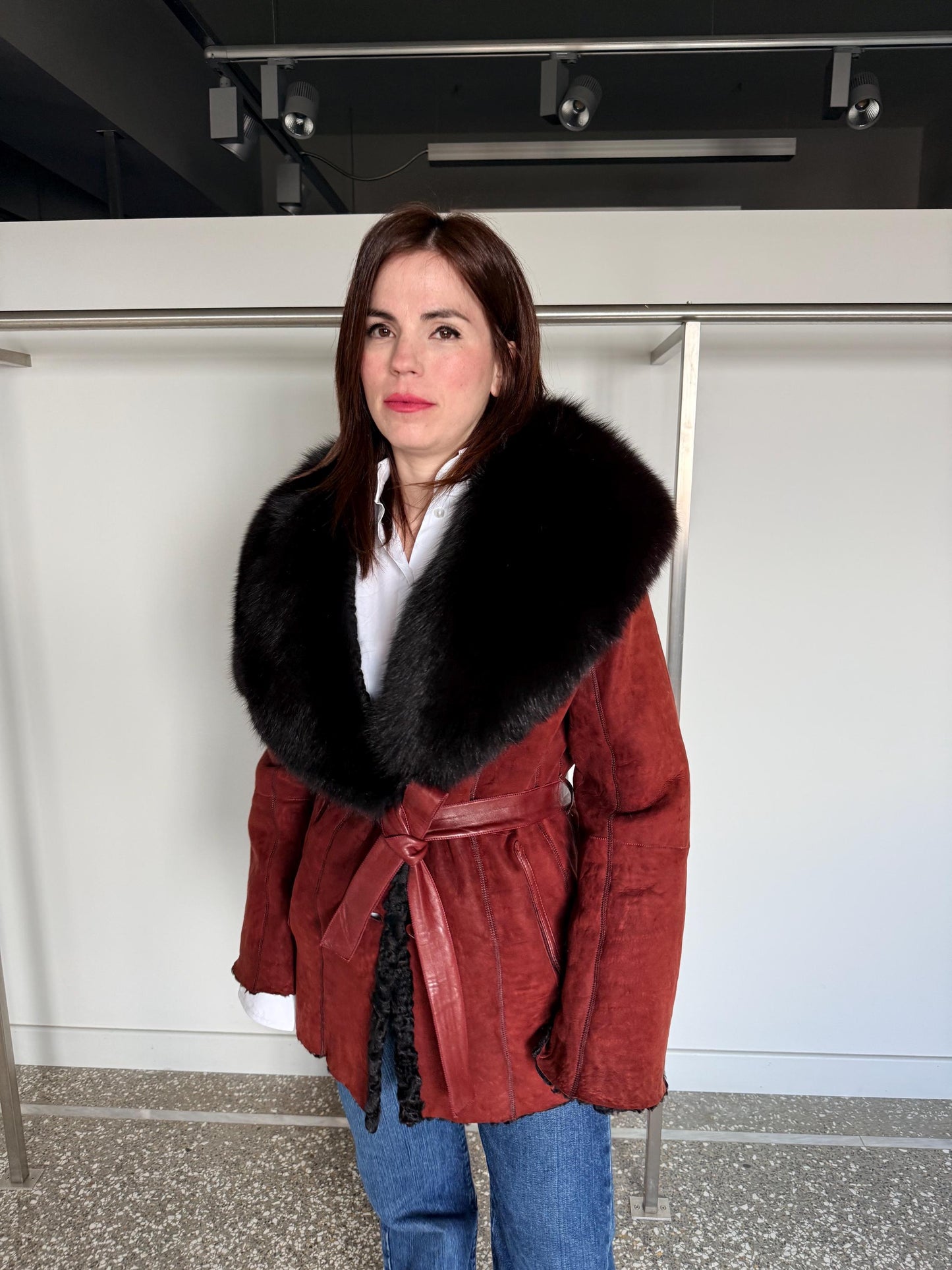 Reversible Shearling Suede Jacket with Fox Collar, Leather Belt, Made in Greece