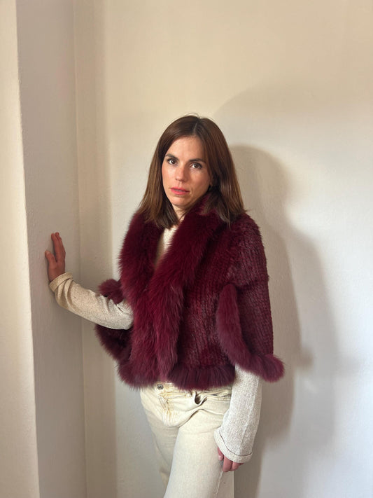 Bordeaux Mink Fur Cape: Handwoven Jacket with Fox Trim