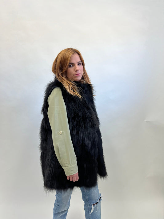 Real Black Fox Fur Vest, Genuine Pelt Winter Jacket, Medium