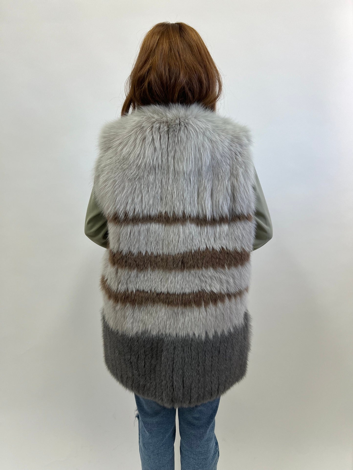 Real Fox Fur Vest: Three-Tone Leather Trim, Size Small