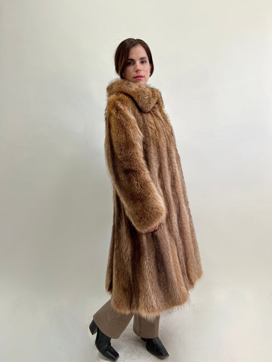 Real Crystal Raccoon Fur Coat: Tan Brown Full Length Godet, Big Collar