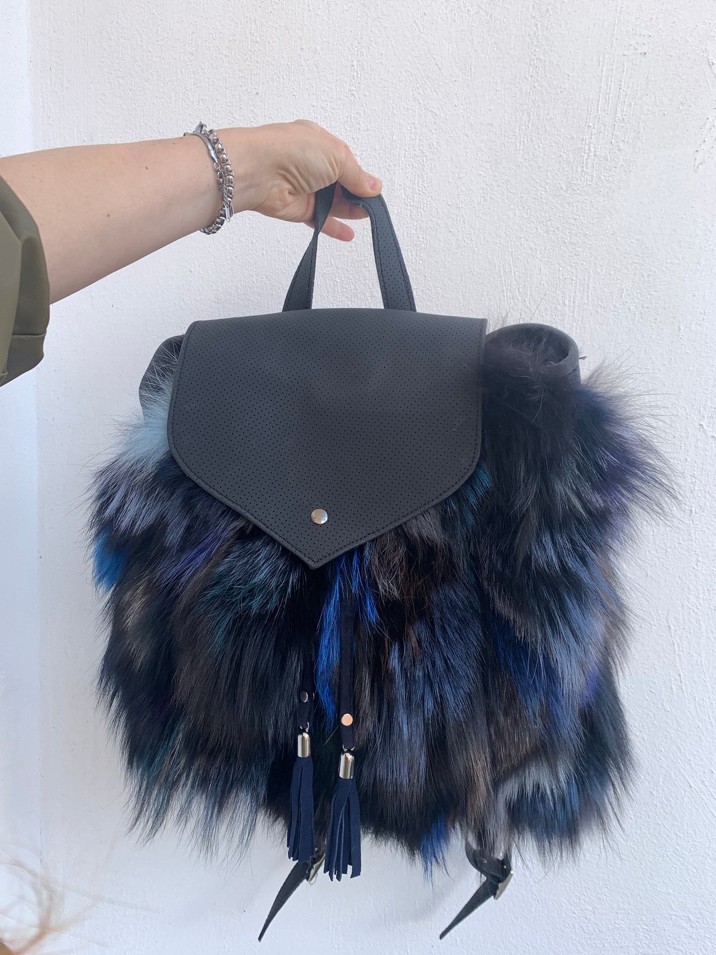 Real Fox Fur Leather Backpack: Handmade Rucksack Laptop Bag