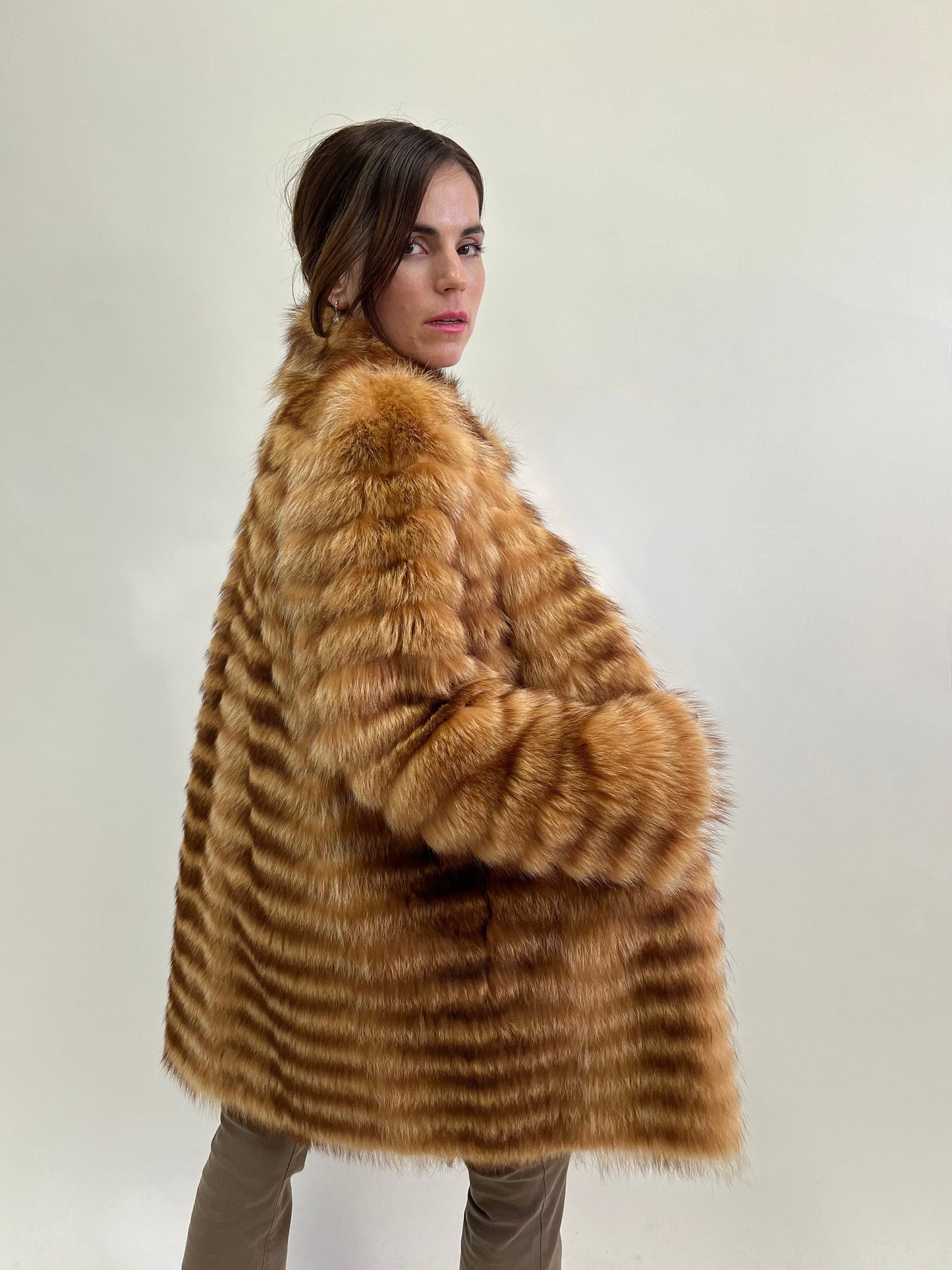 Real Raccoon Fur Coat: Camel Brown Leather Trim
