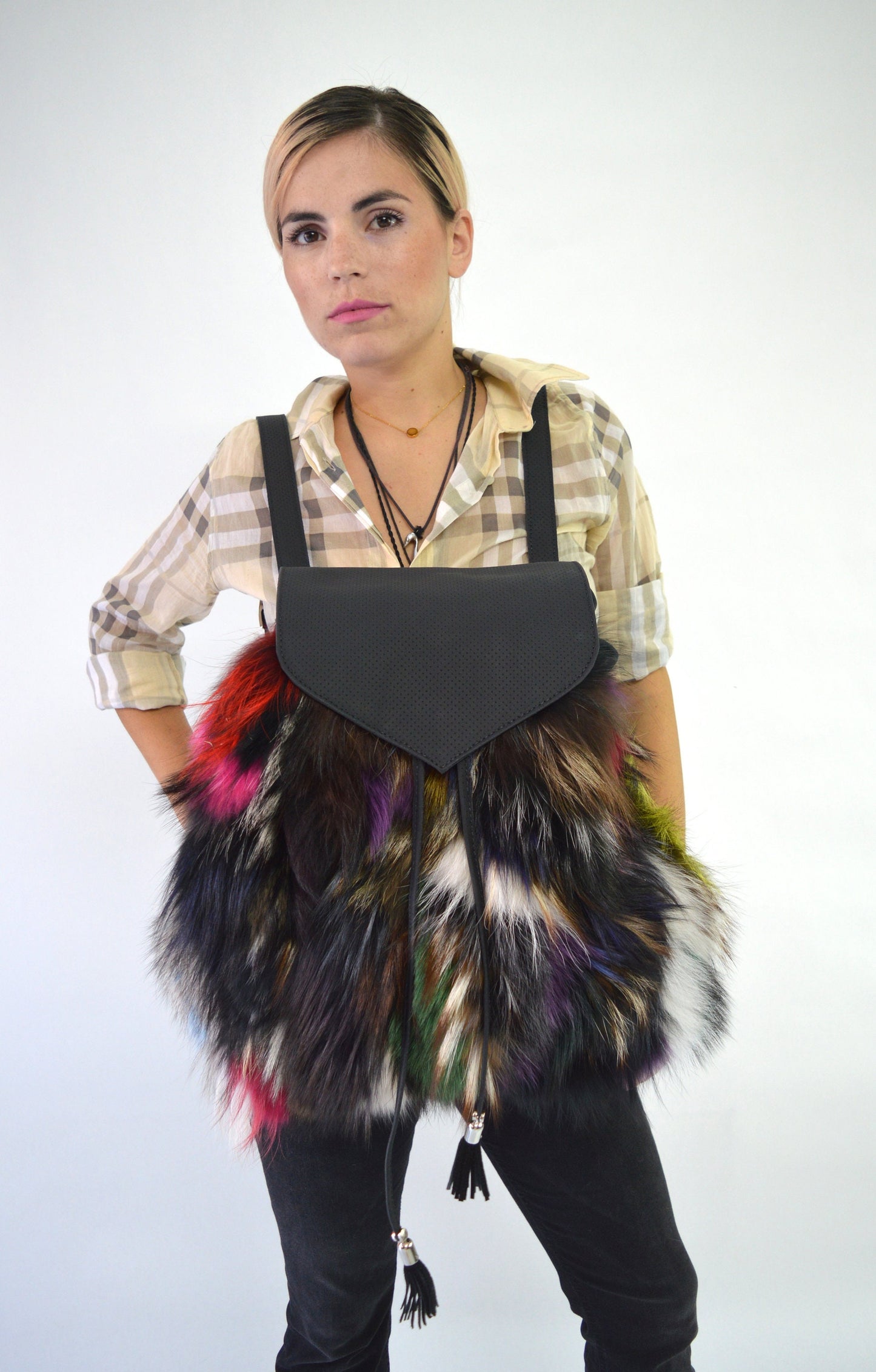 Real Fox Fur Leather Backpack: Handmade Rucksack Laptop Bag