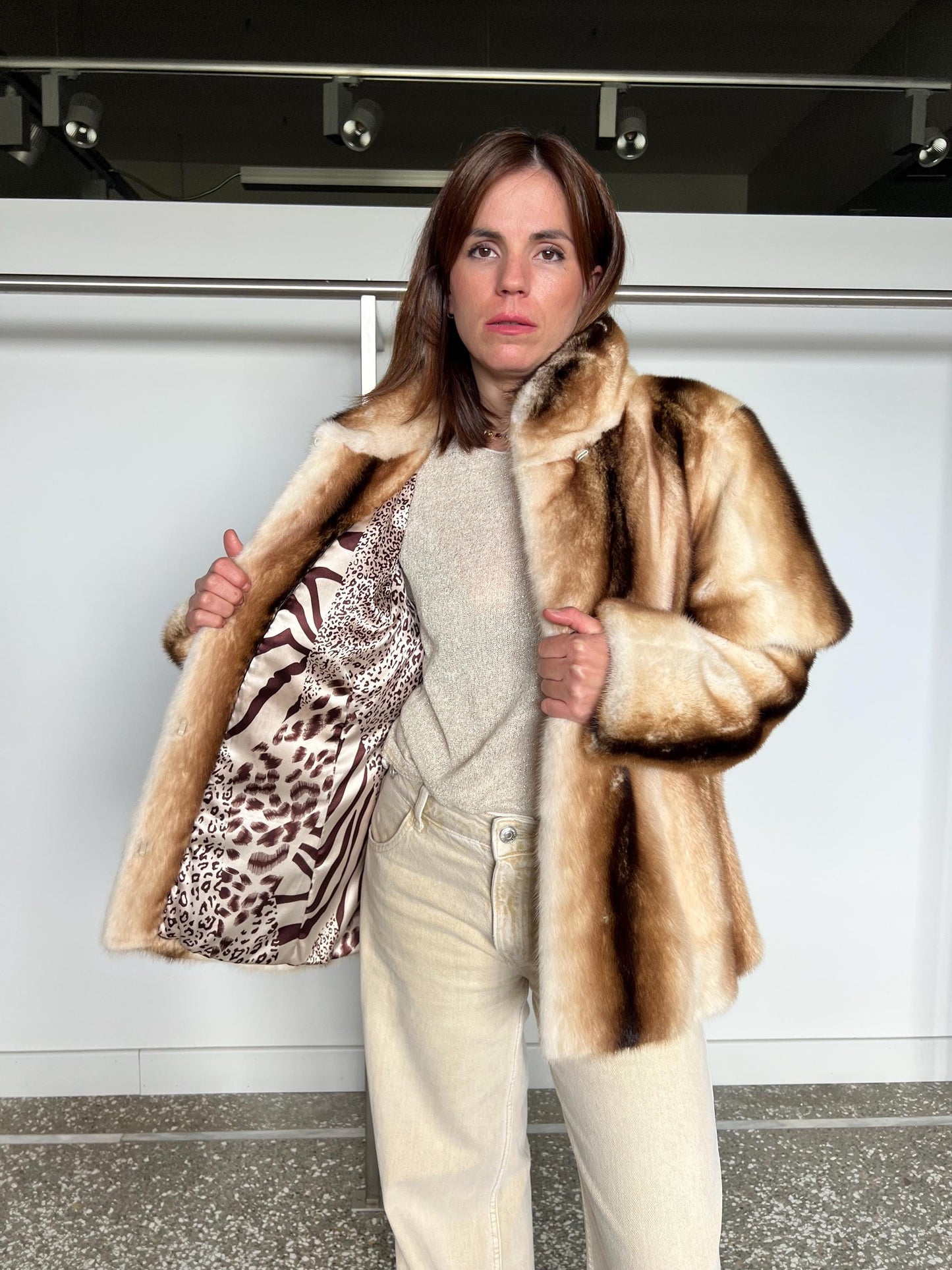 Handmade Beige Mink Fur Jacket with Removable Sleeves