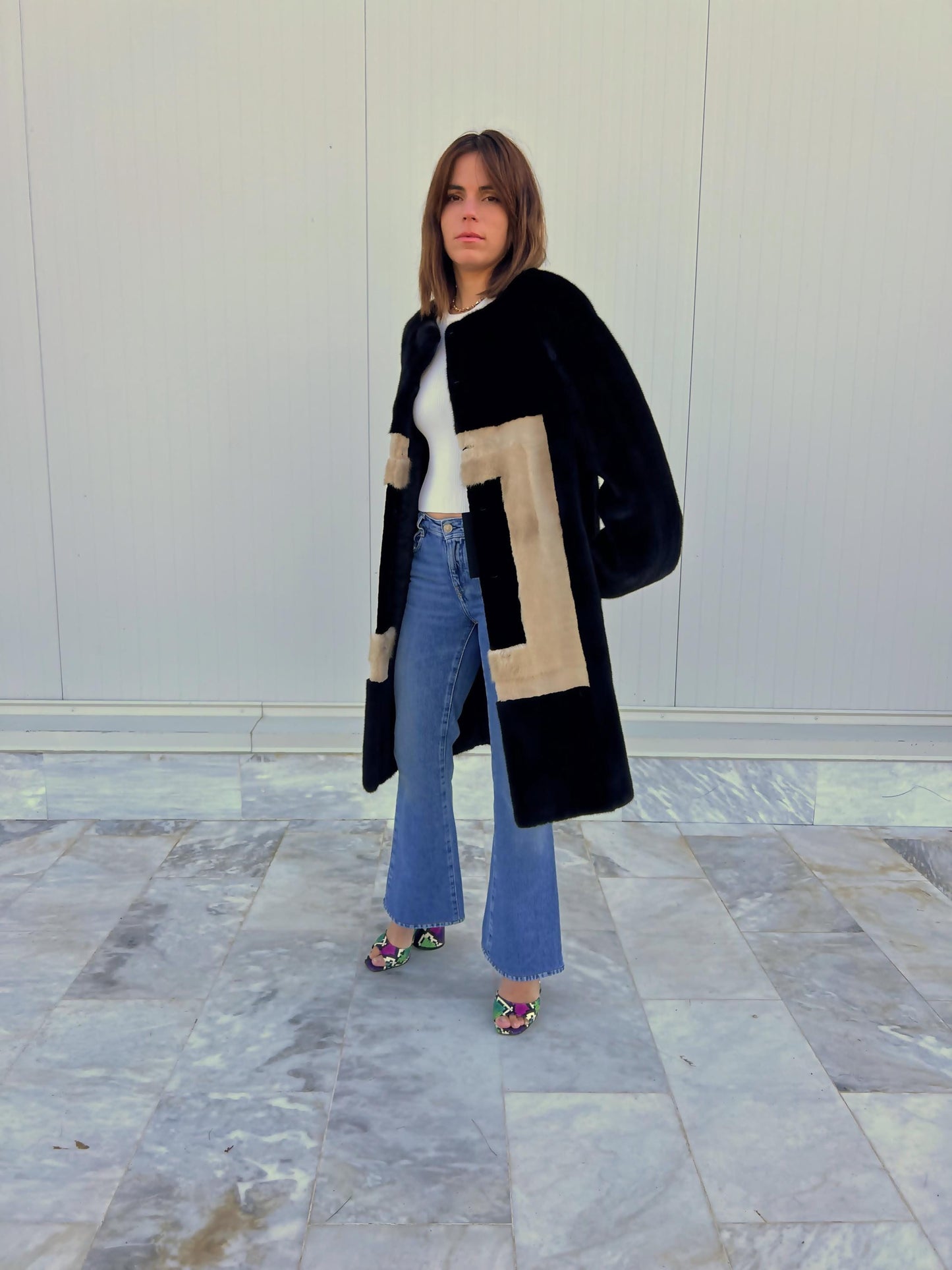 Blackglama Mink Fur Coat, Geometric Intarsia Design, Artisanal  Stroller