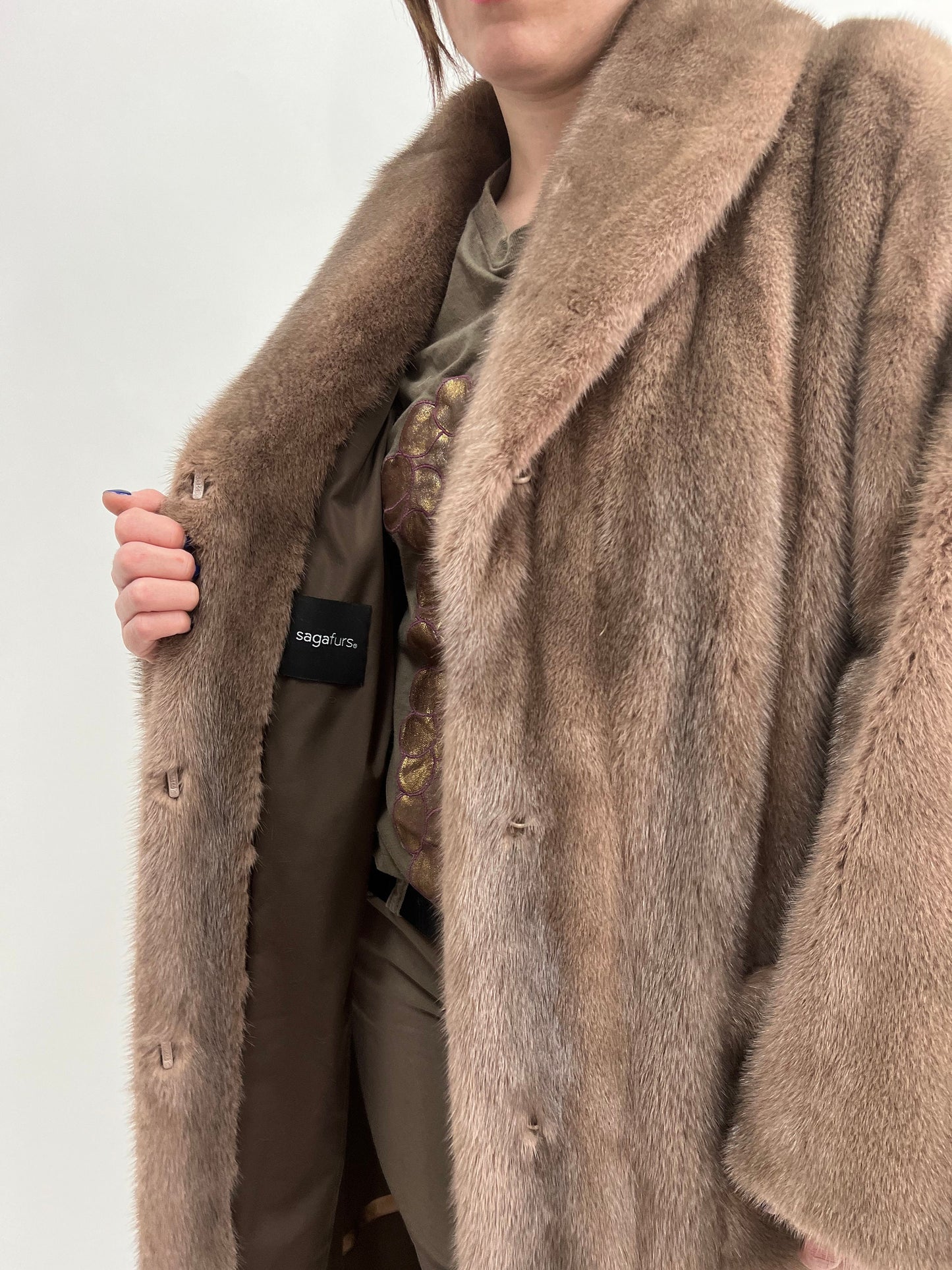Cappuccino Mink Fur Long Coat, Saga Pelts, Plus Size L