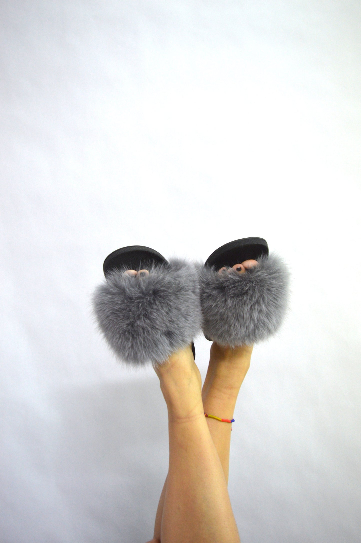 Grey Fox Fur Slides: Fluffy Pool Slippers