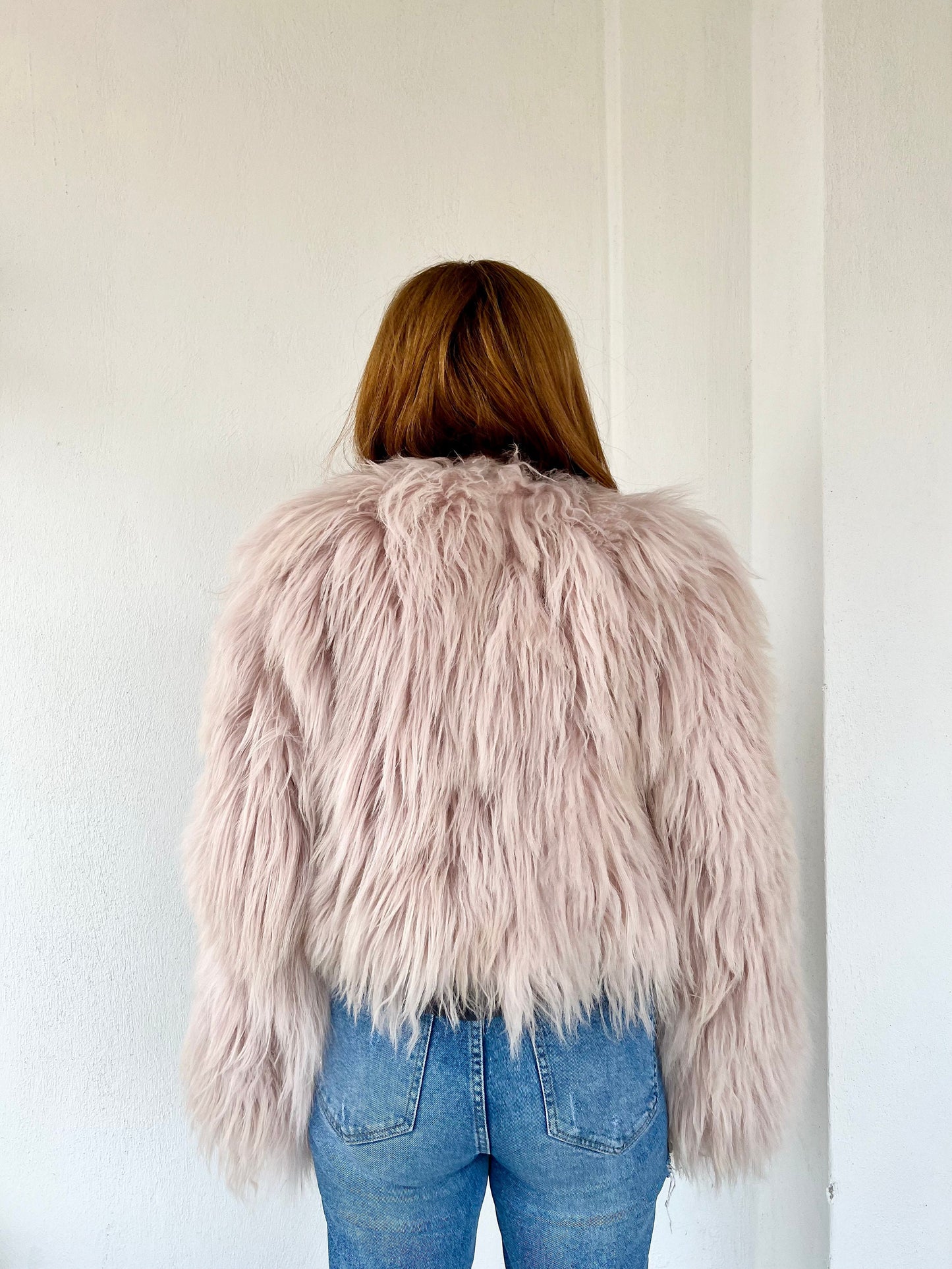 Handmade Mongolian Fur Jacket: Collarless Dusty Rose Sheepskin